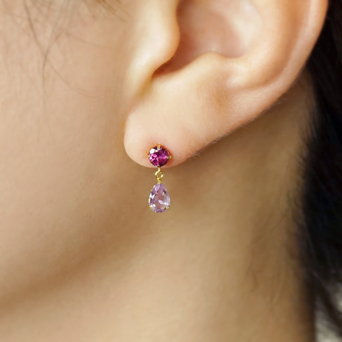 10K / 925 Sterling Silver Rhodolite Garnet Dew Drop Swinging Earrings - Model Image