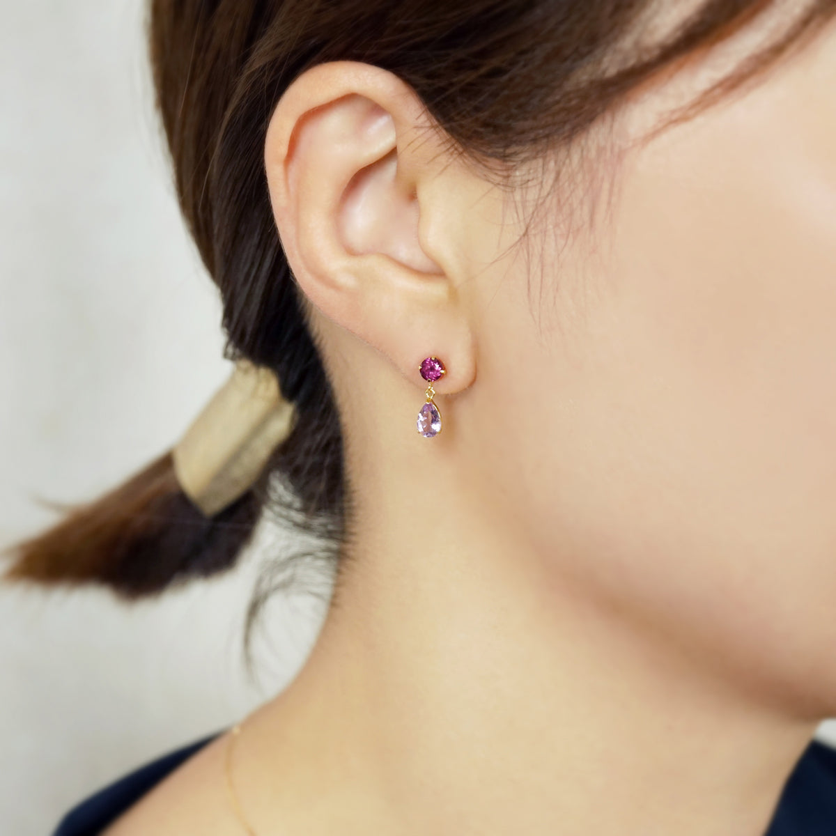 10K / 925 Sterling Silver Rhodolite Garnet Dew Drop Swinging Earrings - Model Image