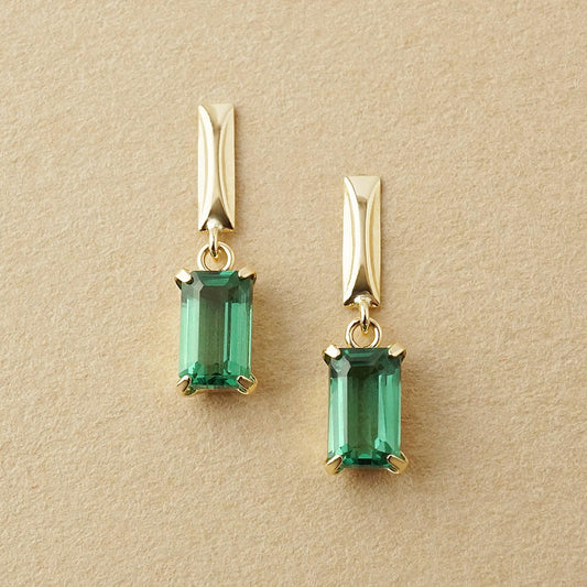 10K Green Quartz Baguette Cut Swinging Earrings (Yellow Gold) - Product Image