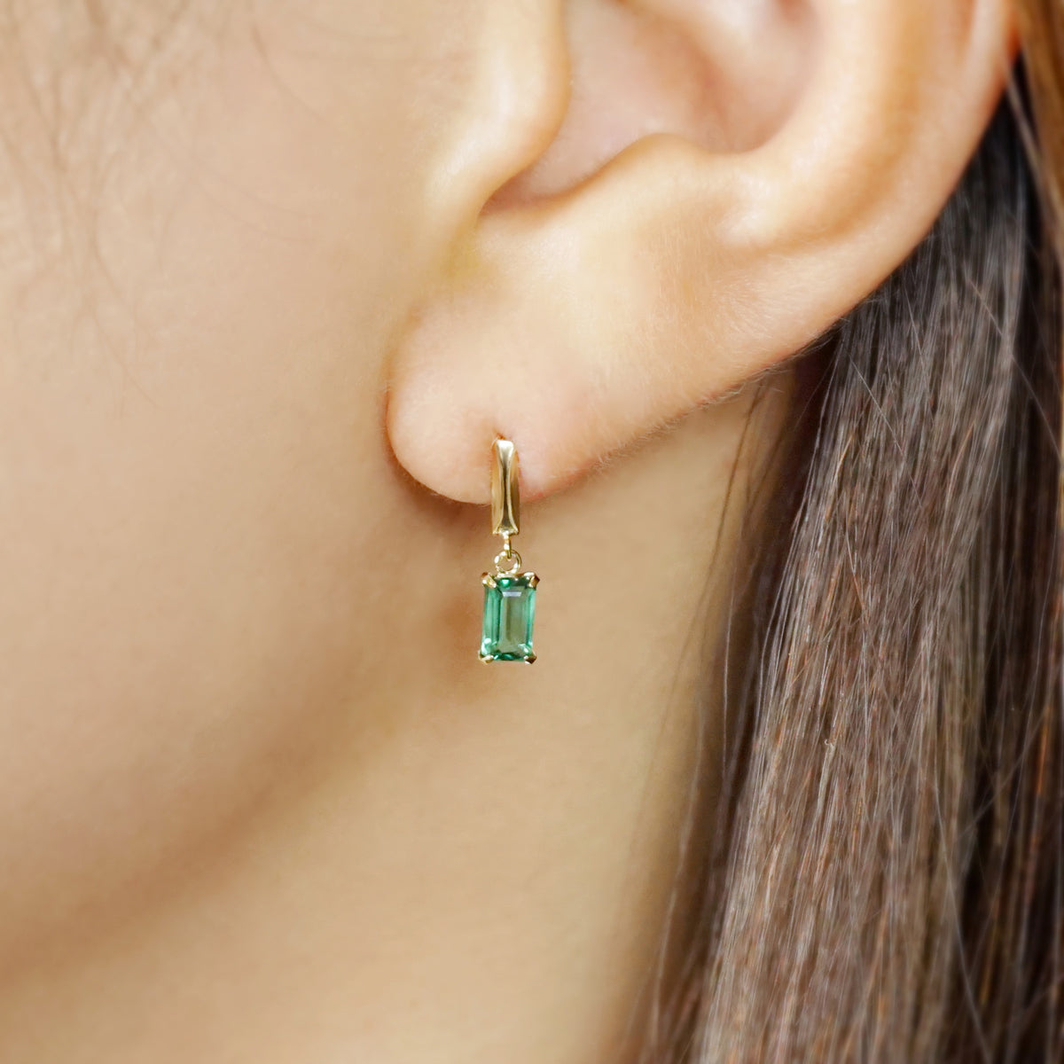 10K Green Quartz Baguette Cut Swinging Earrings (Yellow Gold) - Model Image