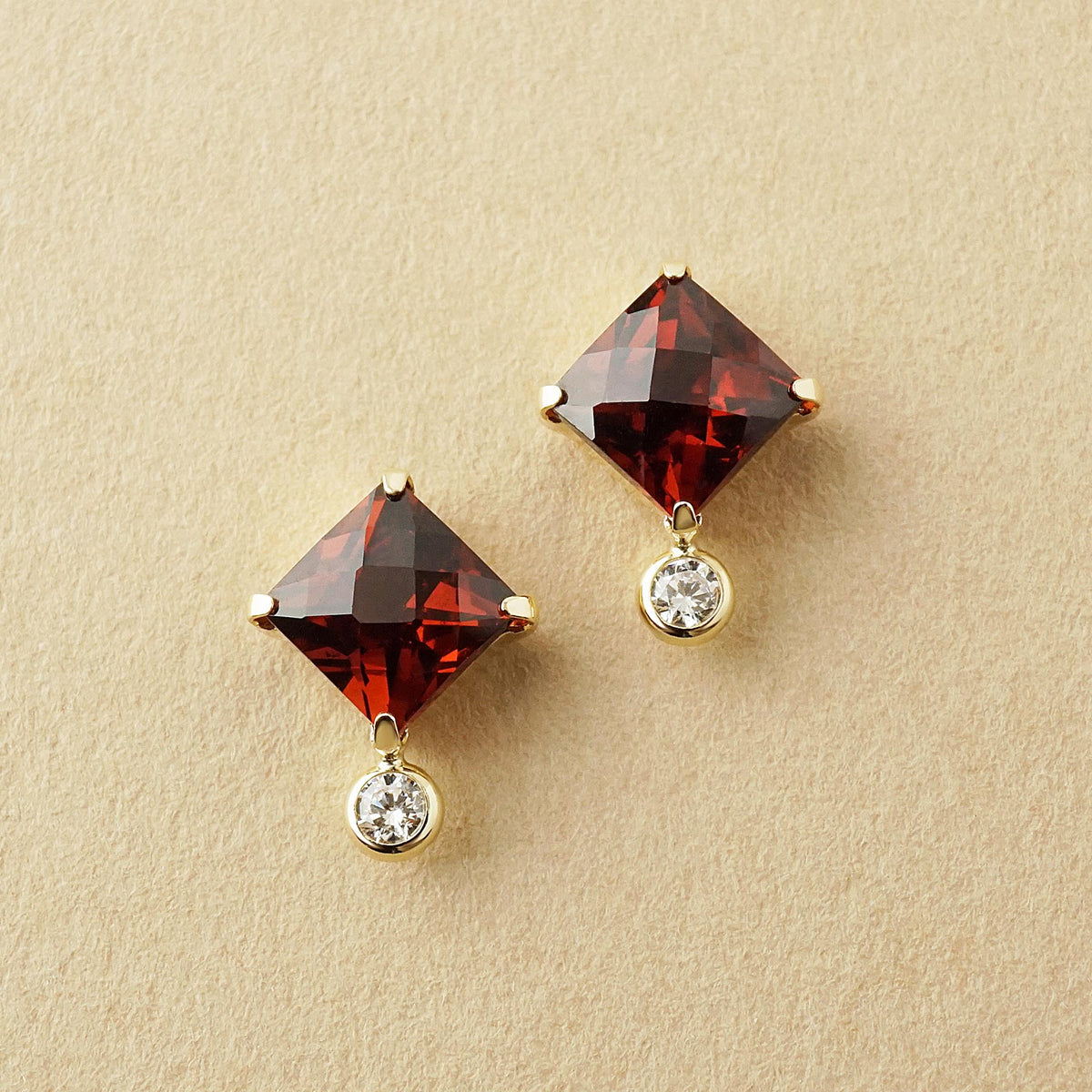 10K Garnet Checkerboard Cut Stud Earrings (Yellow Gold) - Product Image