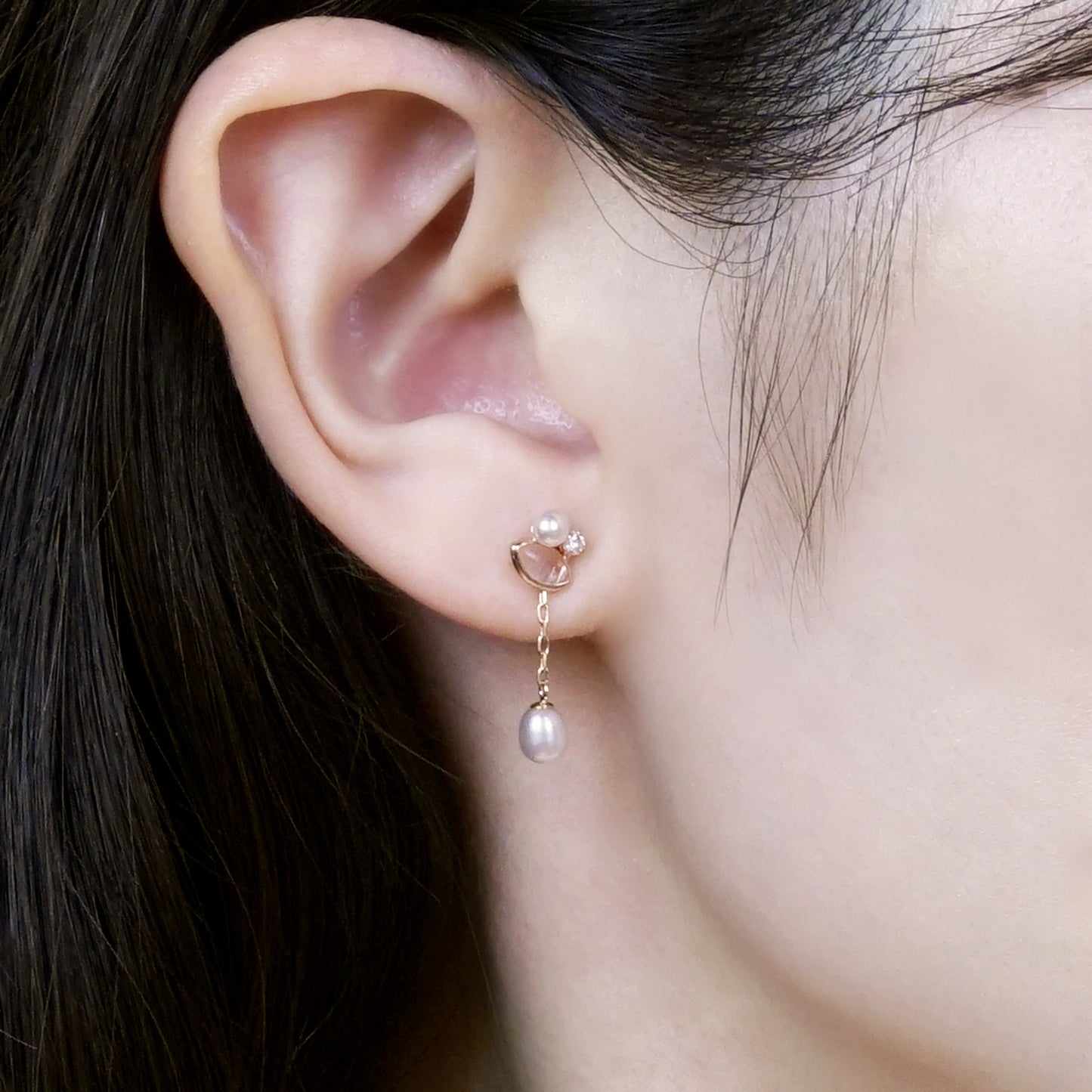 18K/10K Rose Gold Fresh Water Pearl Swinging Earrings - Model Image