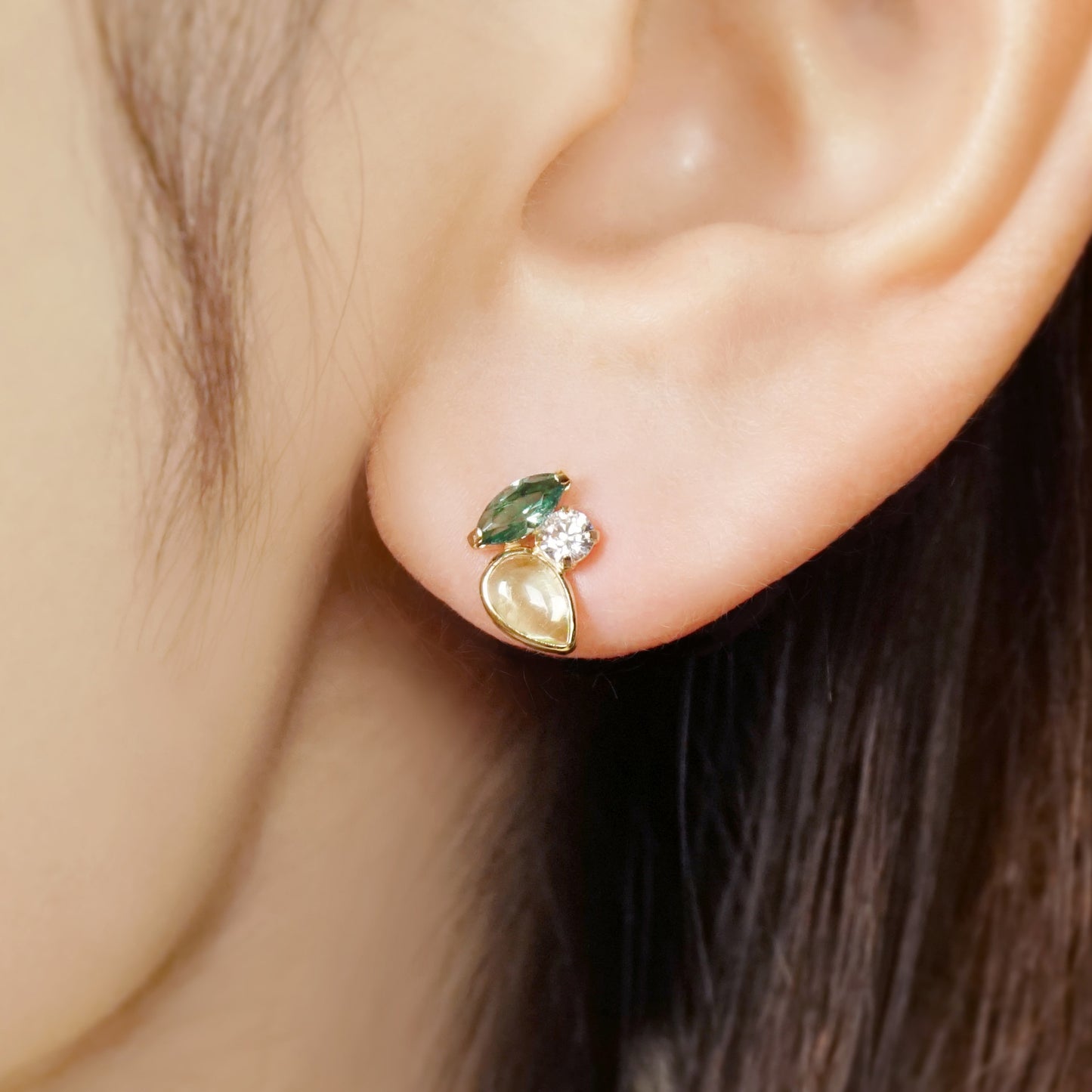 10K Green Gradation Stud Earrings (Yellow Gold) - Model Image