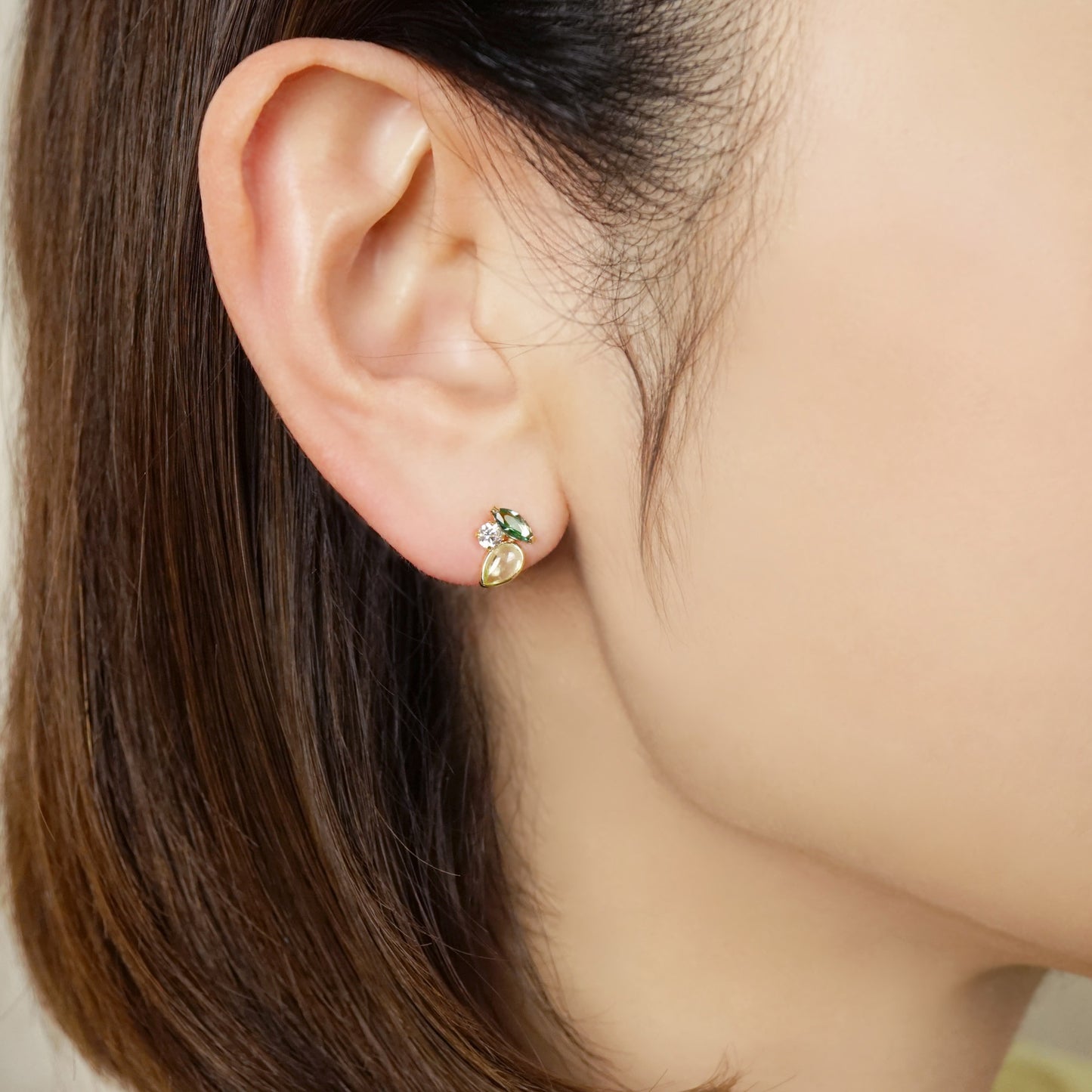 10K Green Gradation Stud Earrings (Yellow Gold) - Model Image