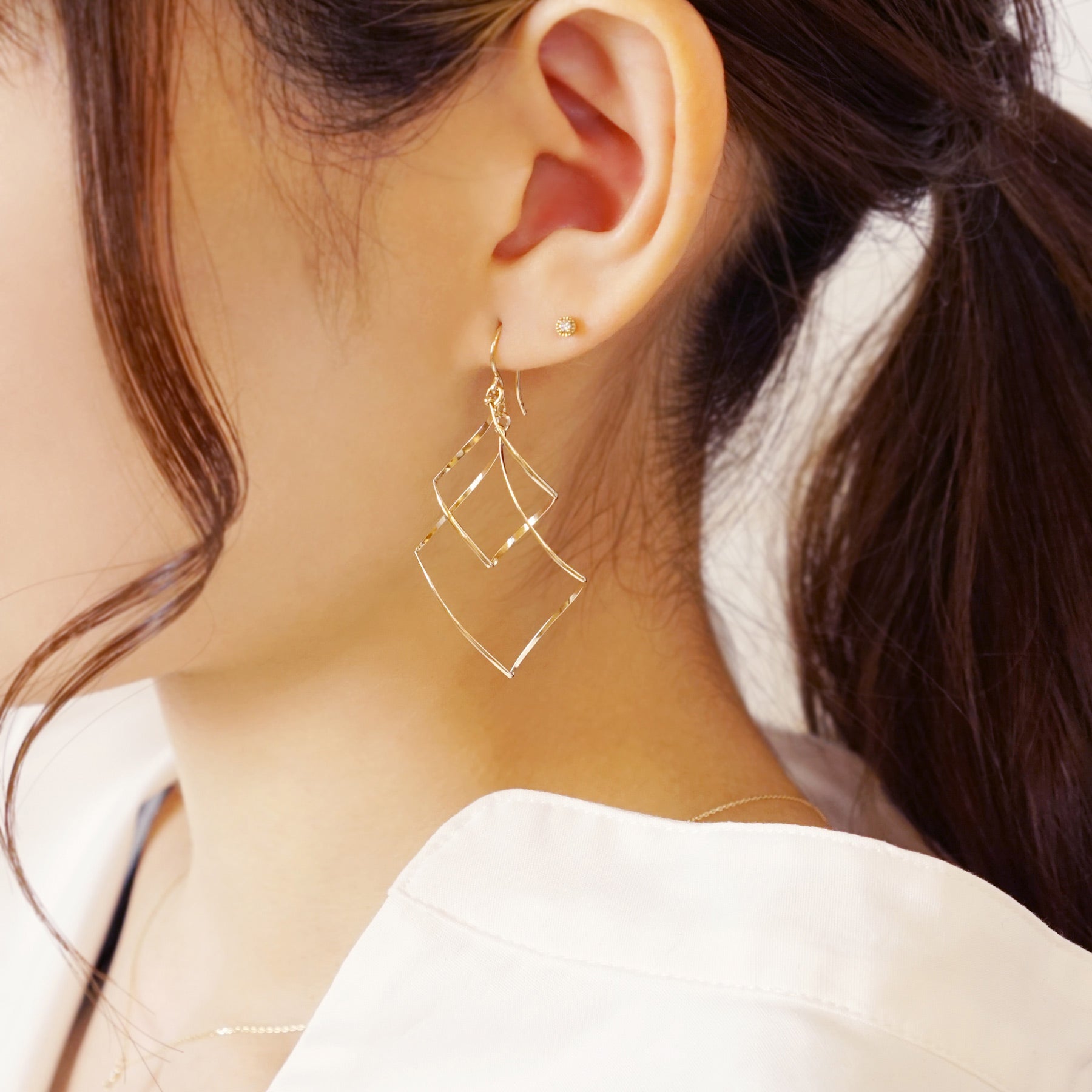 Gold Filled Double Rhombus Wire Earrings - Model Image