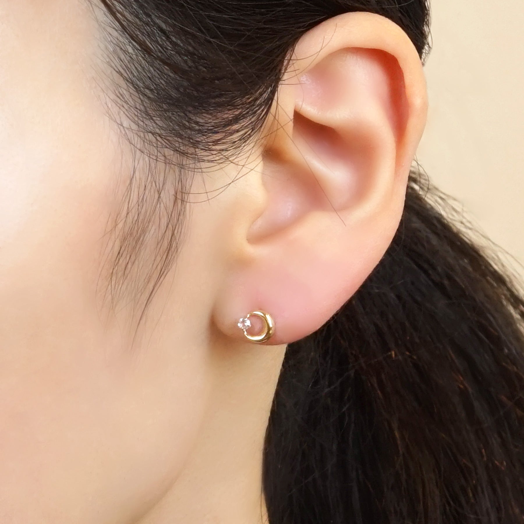 18K/10K Yellow Gold Circle Moon Stud Earrings - Model Image