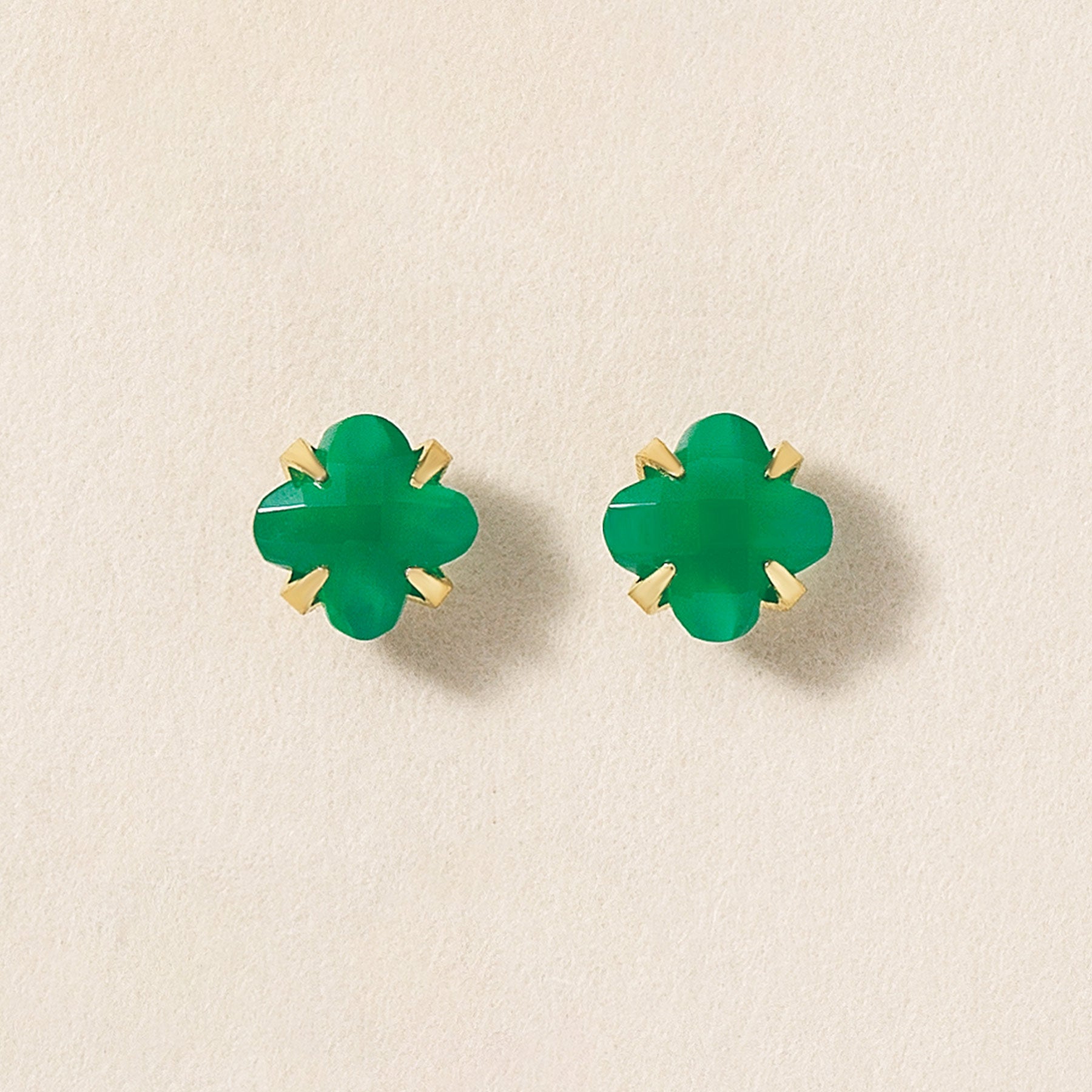 [Second Earrings] 18K Yellow Gold Lily Cut Green Agate Earrings - Product Image