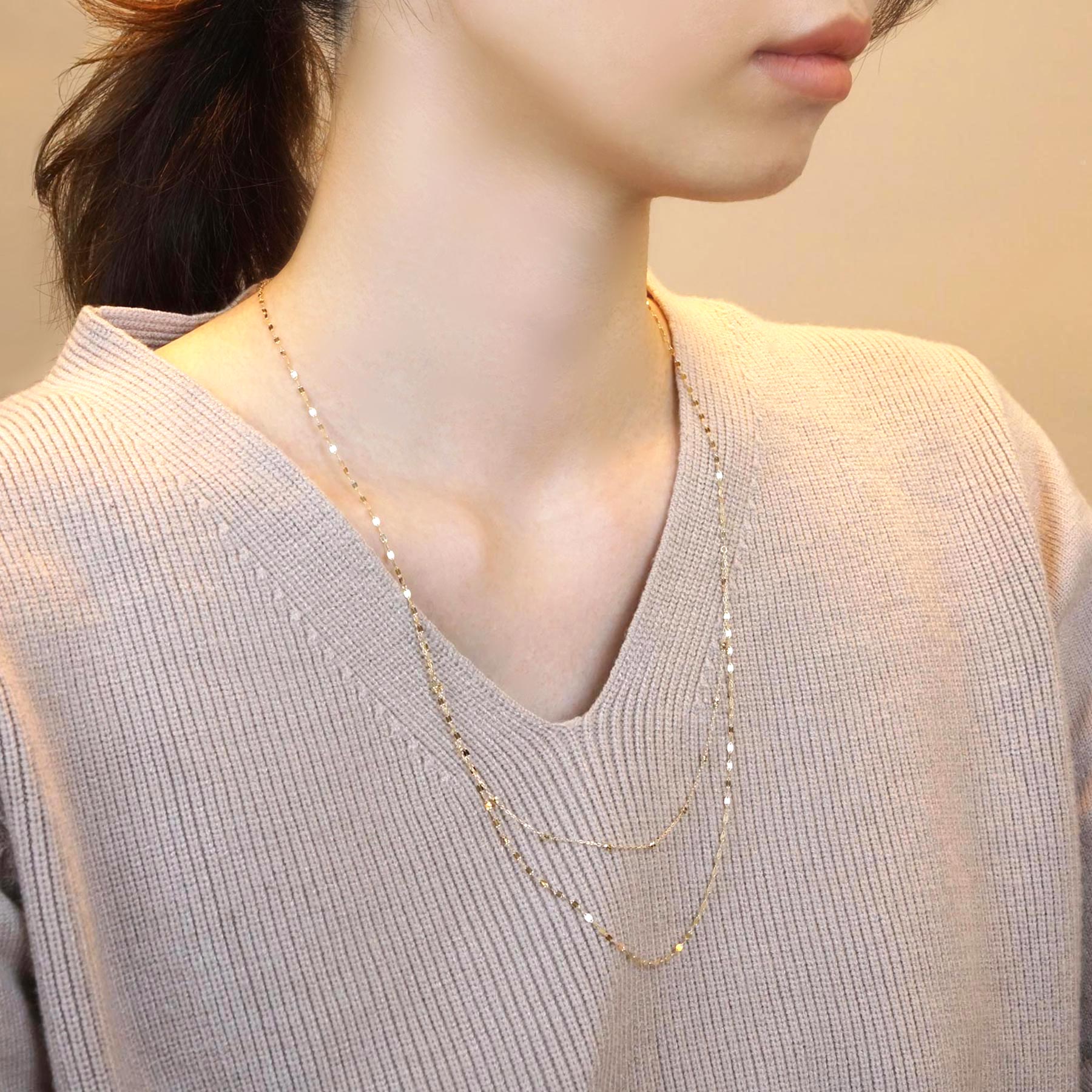 10K Yellow Gold Double Glittering Long Necklace - Model Image