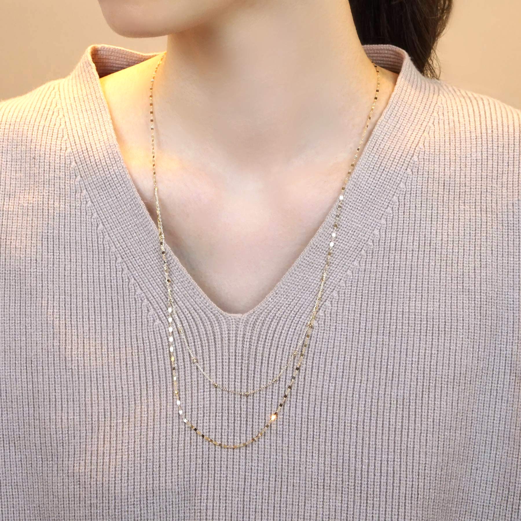 10K Yellow Gold Double Glittering Long Necklace - Model Image