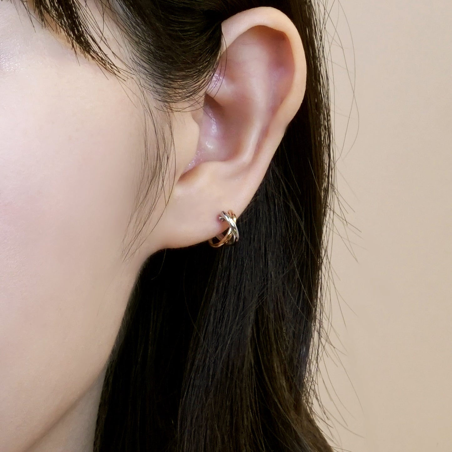 14K/10K Gold Cross Design Mini Hoop Earrings (White Gold / Rose Gold) - Model Image