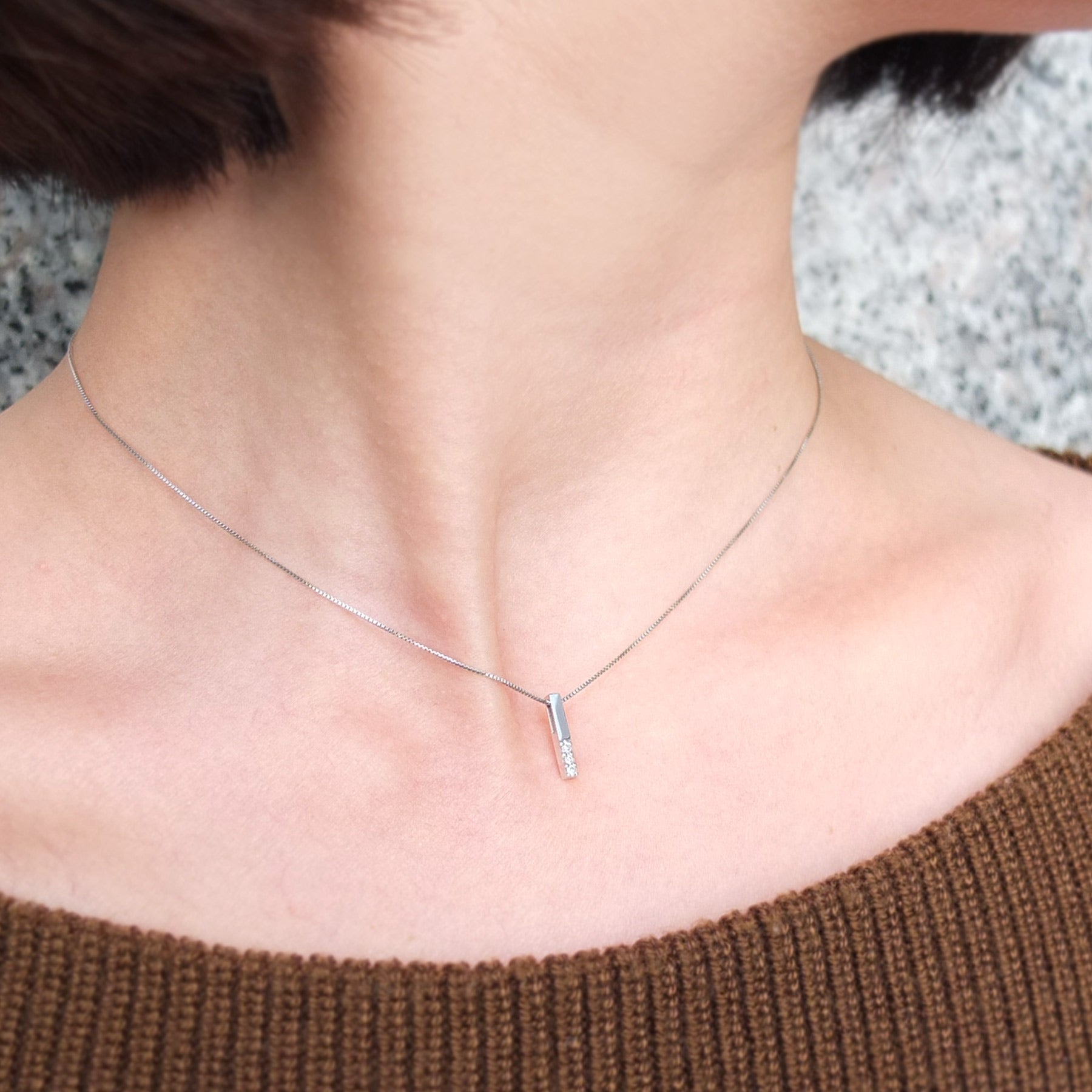 10K White Gold Diamond Bar Necklace - Model Image