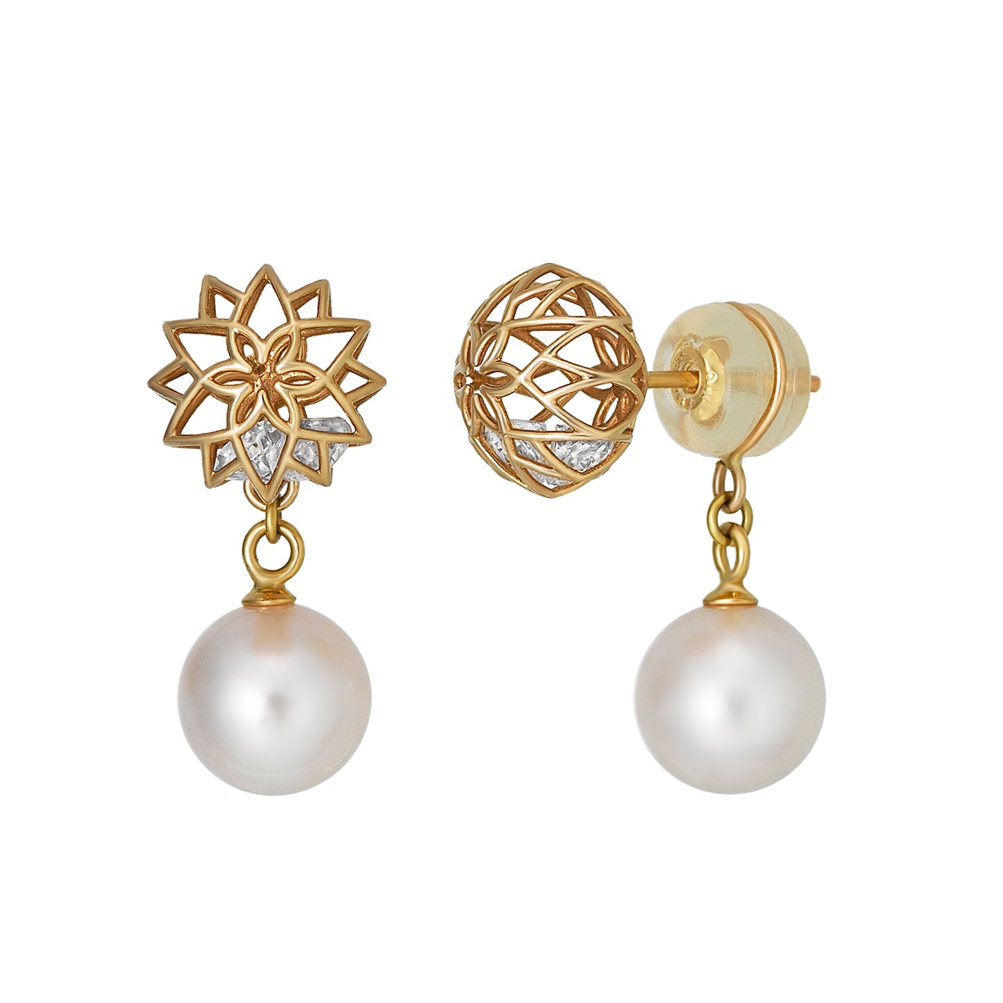 [Pannier] 18K/10K Yellow Gold Pearl Flower Shaped Earrings - Product Image