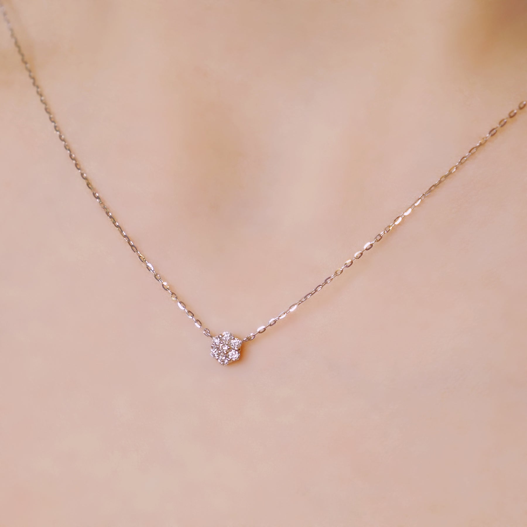 10K White Gold Diamond Flower Pave Necklace - Model Image