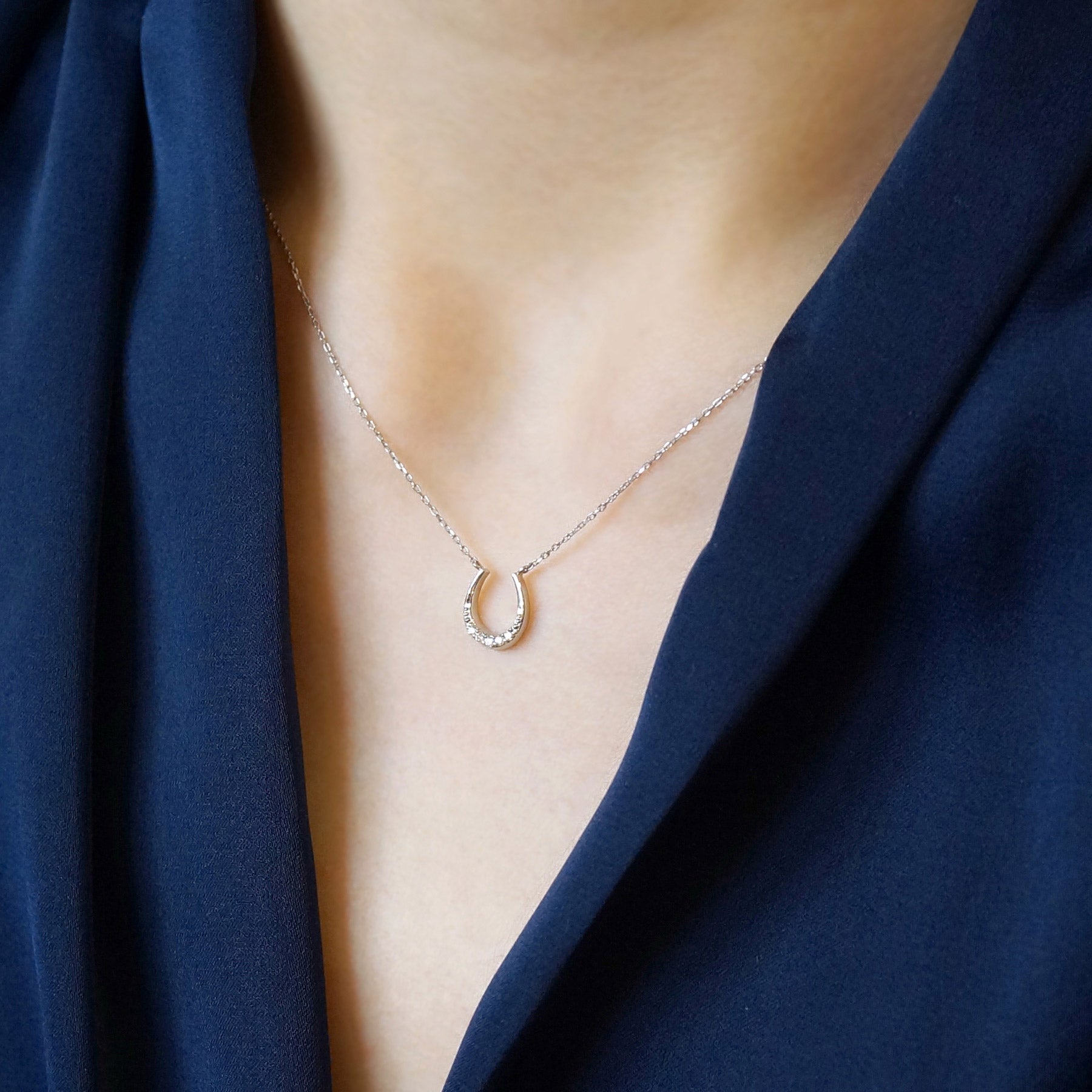 Platinum Diamond Horseshoe Necklace - Model Image