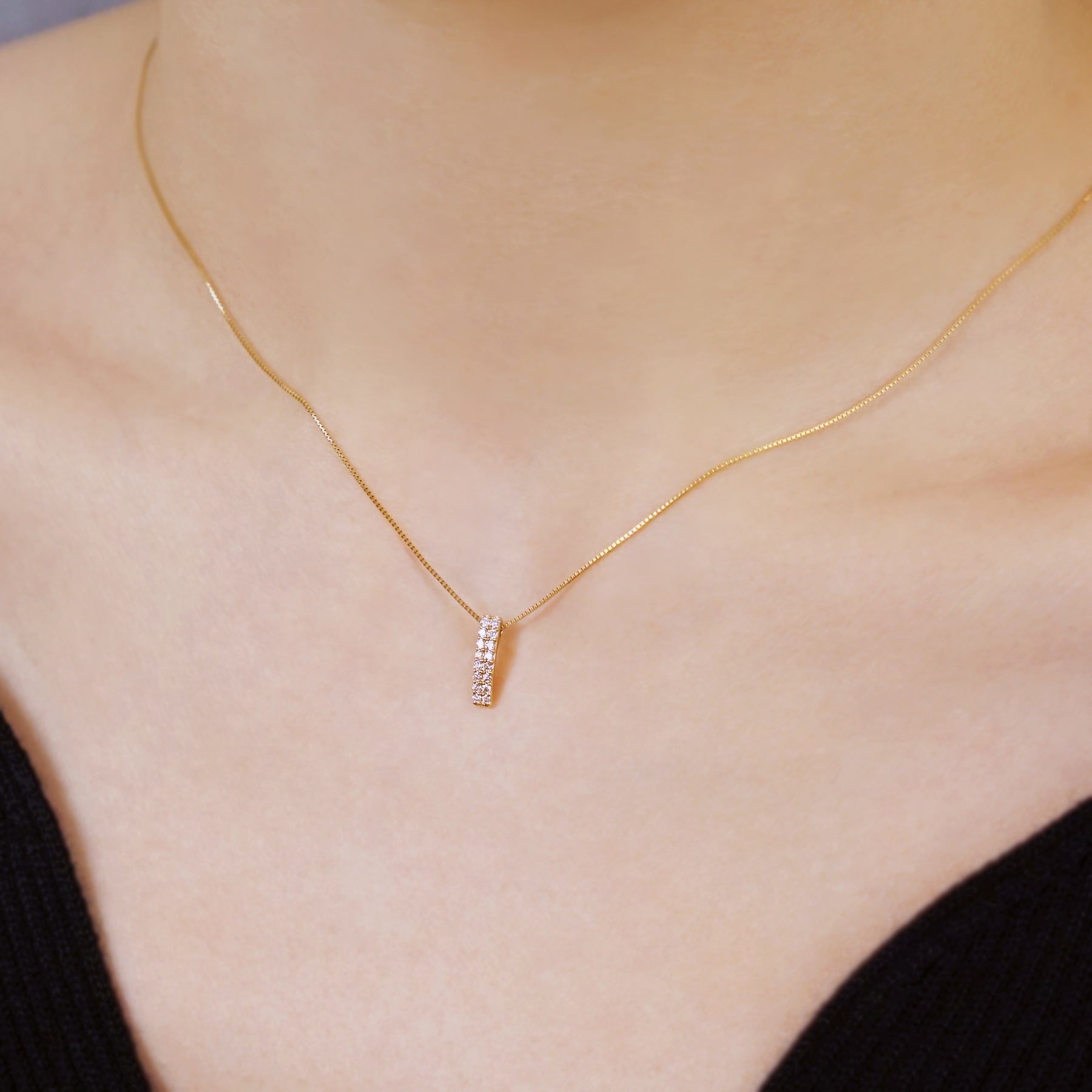 18K Yellow Gold Diamond Rectangle Necklace - Model Image