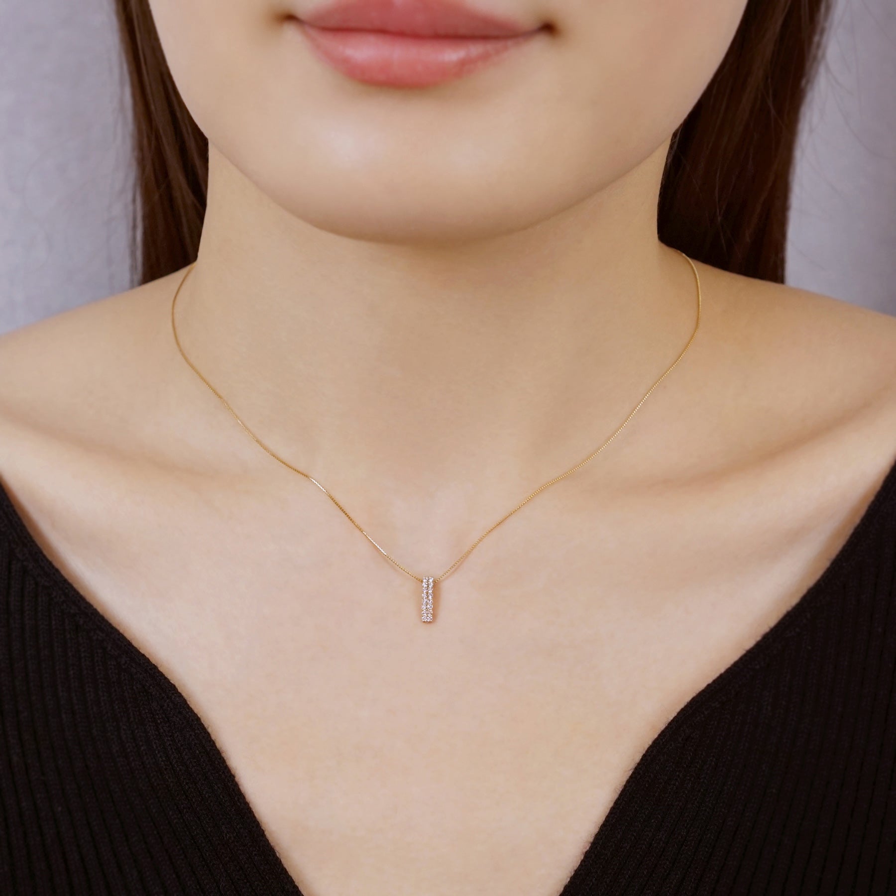 18K Yellow Gold Diamond Rectangle Necklace - Model Image