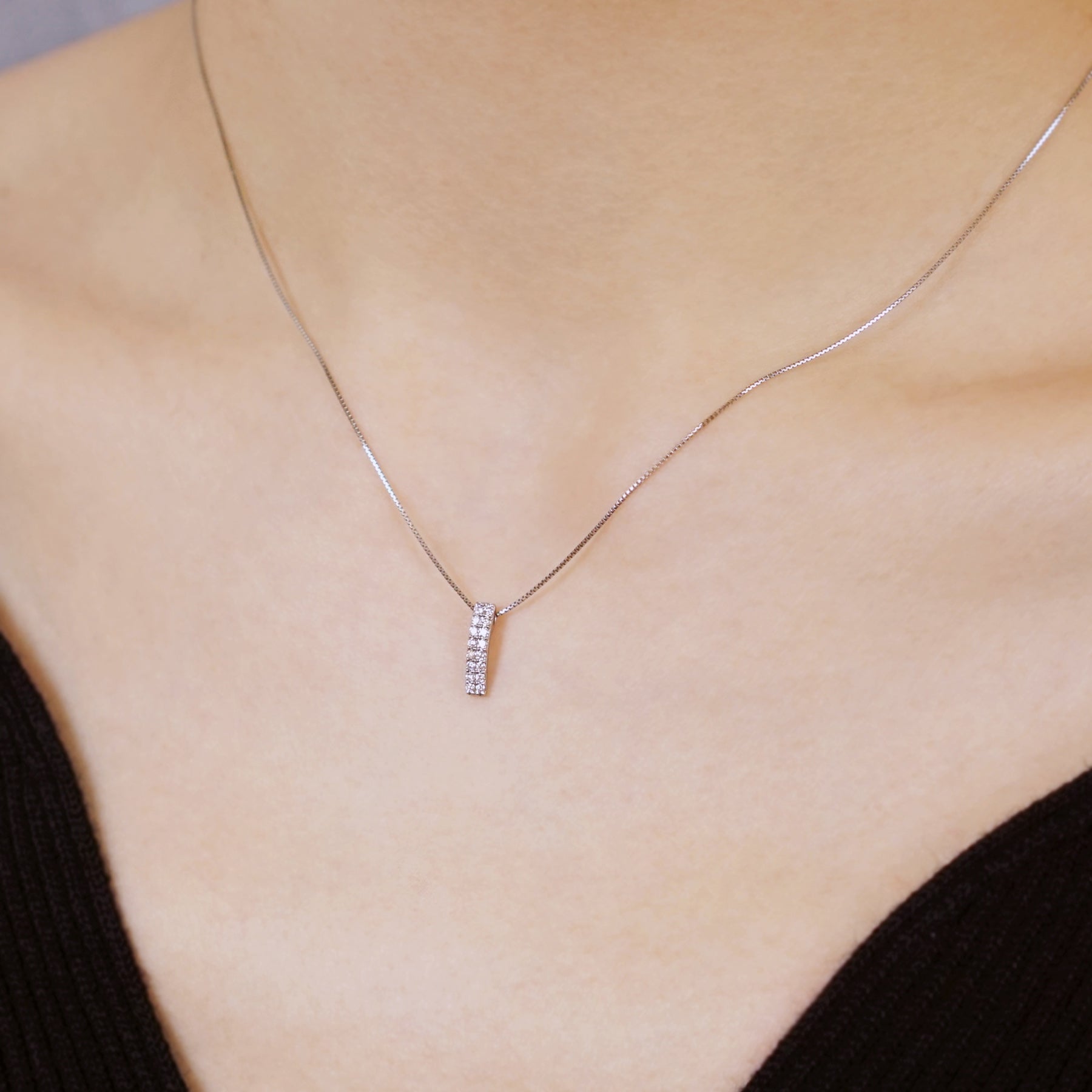 Platinum Diamond Rectangle Necklace - Model Image