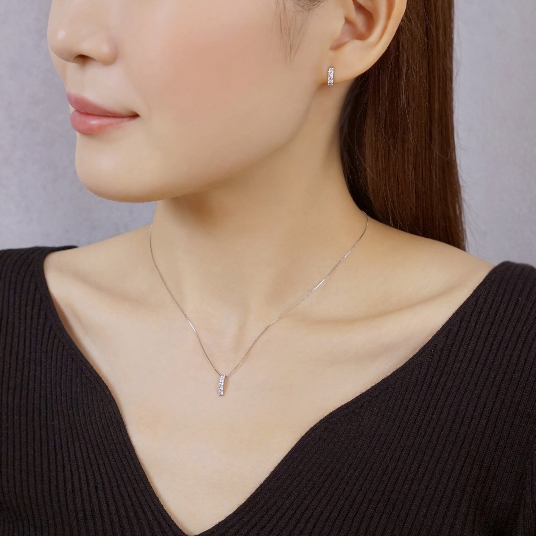 Platinum Diamond Rectangle Earrings - Model Image
