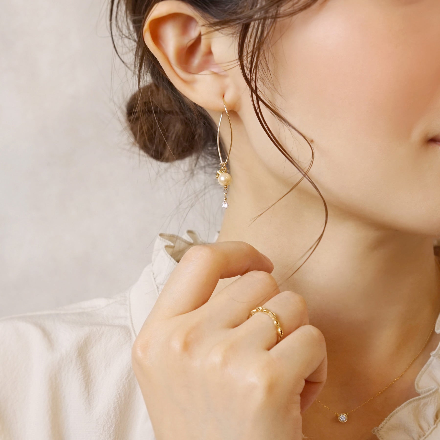 Gold Filled Pearl Wire Earrings - Model Image