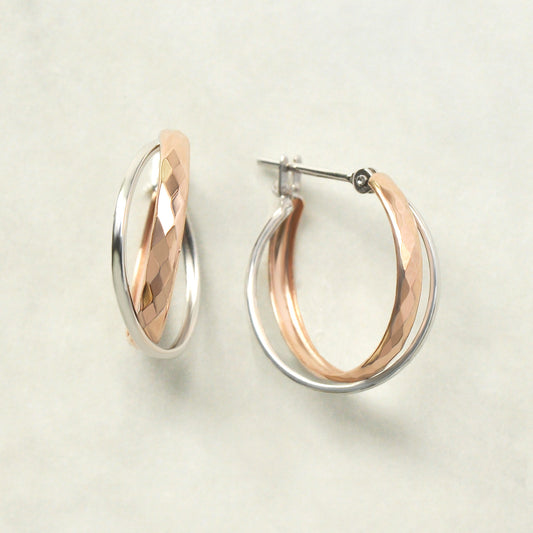 14K/10K Gold Rhombus Cut Mixed Hoop Earrings (Large) (Rose Gold / White Gold) - Product Image