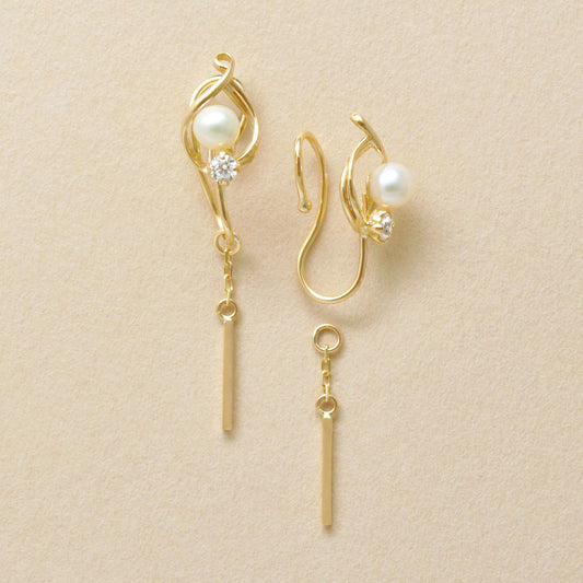 [Airy Clip-On Earrings] Freshwater Pearl Teardrop Earrings (10K Yellow Gold) - Product Image