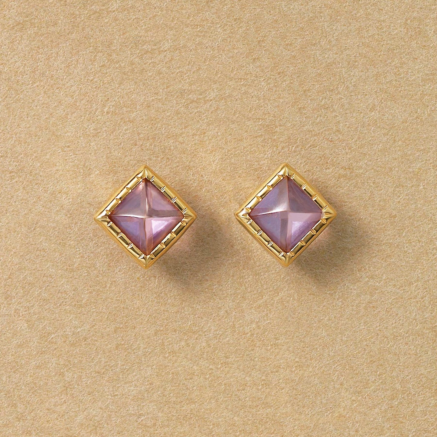 [Second Earrings] 18K Yellow Gold Light Amethyst Pyramidal Cut Earrings - Product Image