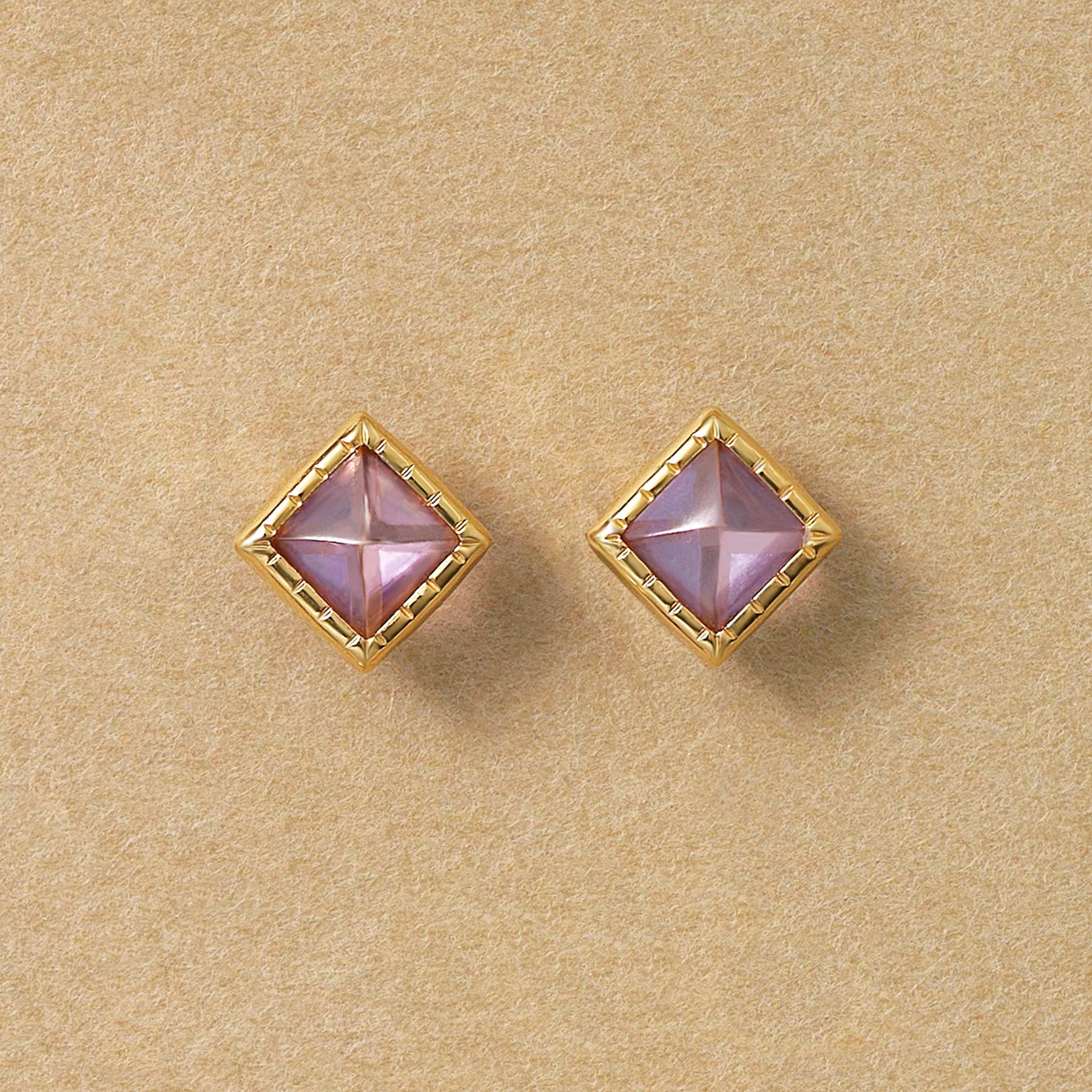 [Second Earrings] 18K Yellow Gold Light Amethyst Pyramidal Cut Earrings - Product Image