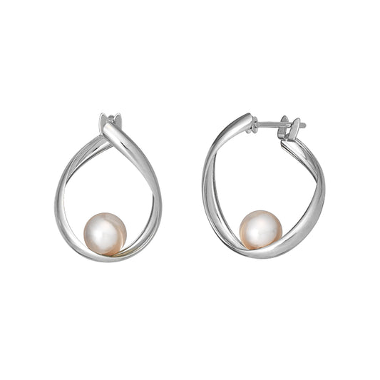 14K/10K White Gold Twisted Hoop Pearl Earrings (Small) - Product Image