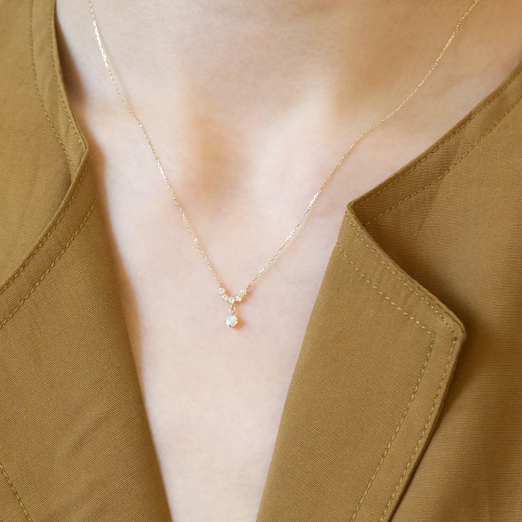 10K Yellow Gold Birthstone (Opal) Swinging Necklace - Model Image