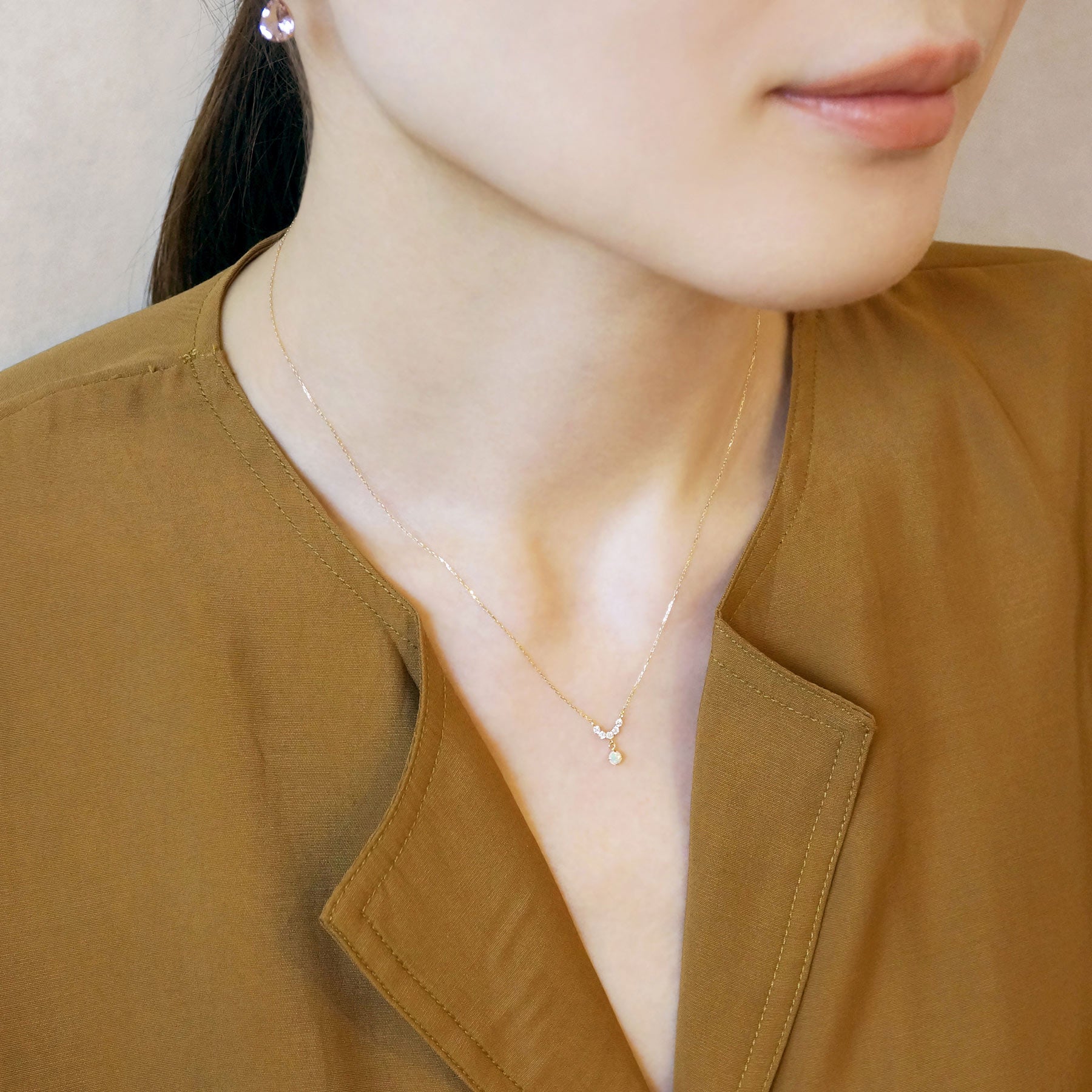 10K Yellow Gold Birthstone (Opal) Swinging Necklace - Model Image
