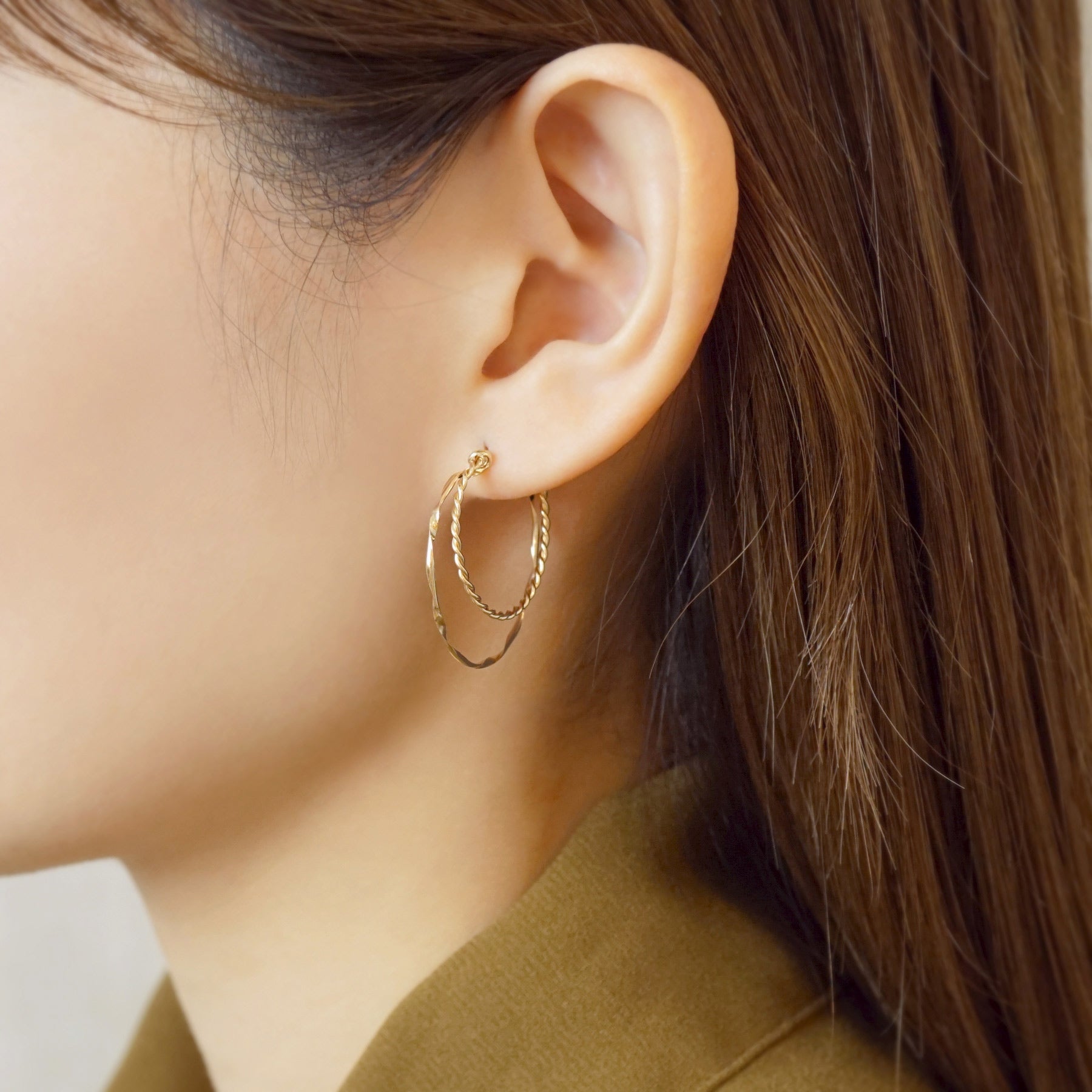 Gold Filled Twisted Double Hoop Earrings - Model Image