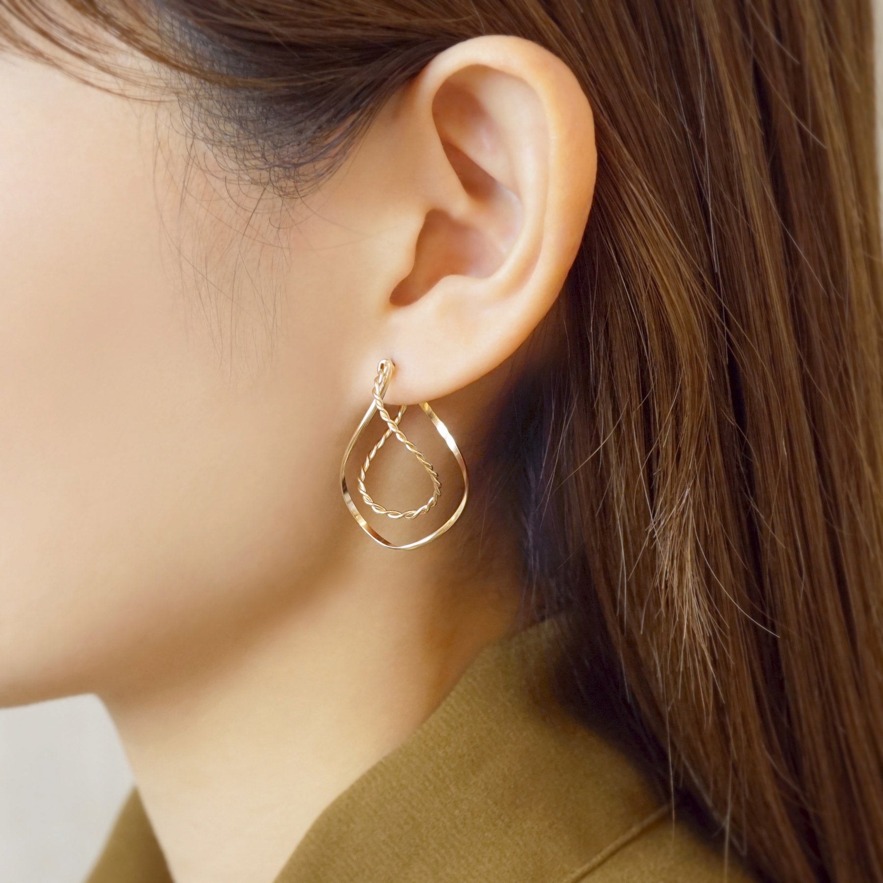 Gold Filled Twisted Dew Drop Hoop Earrings - Model Image
