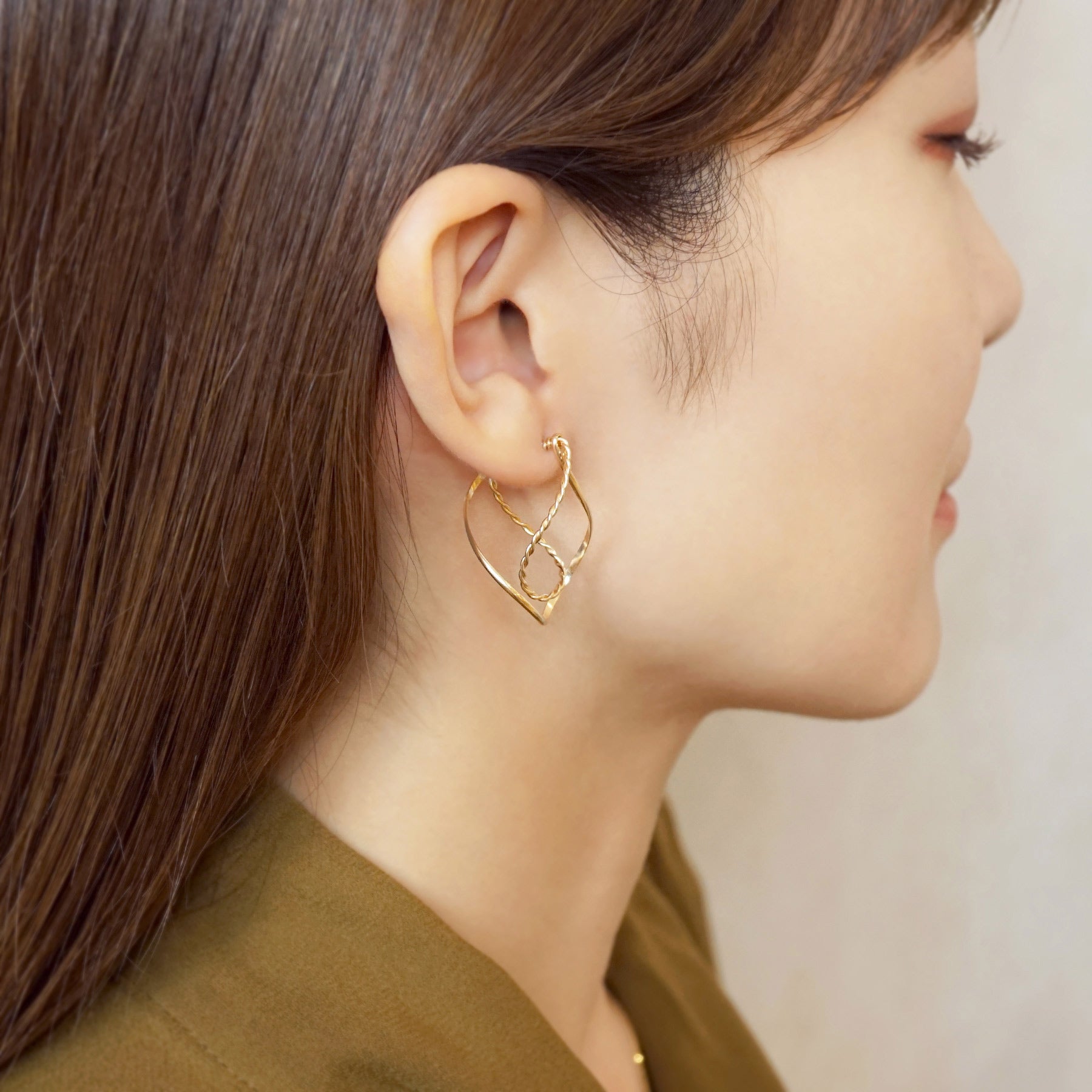Gold Filled Twisted Dew Drop Hoop Earrings - Model Image