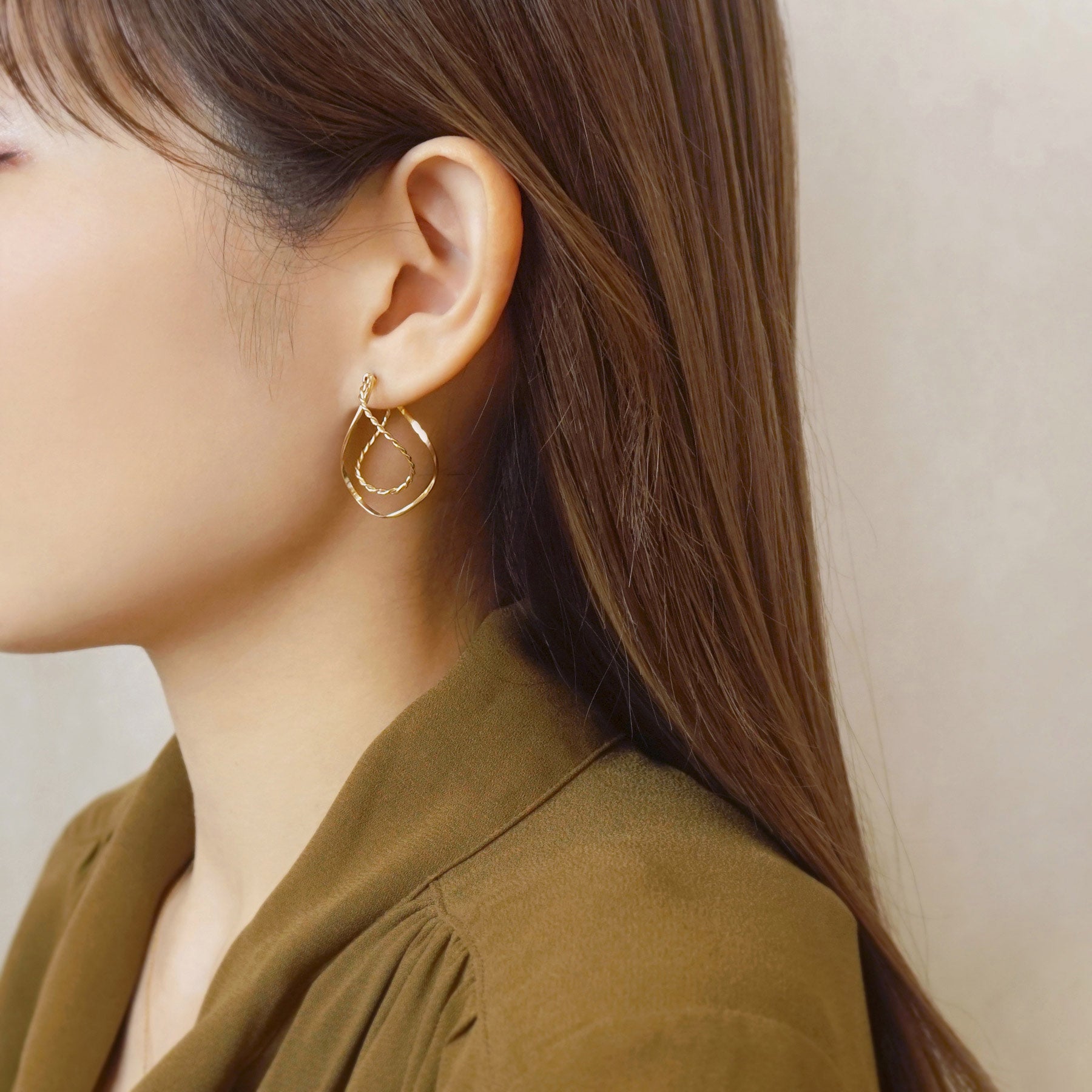 Gold Filled Twisted Dew Drop Hoop Earrings - Model Image