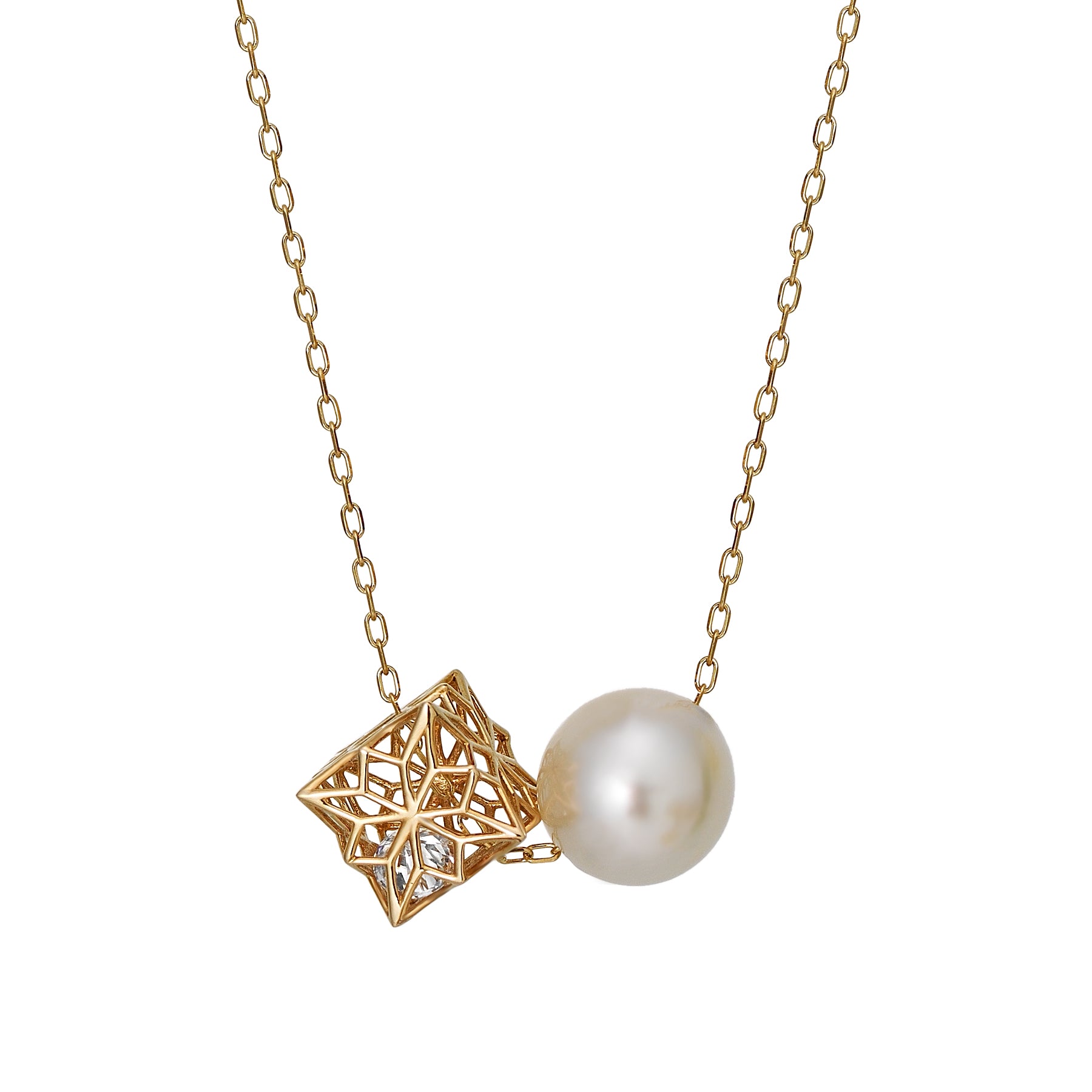 [Pannier] 10K Yellow Gold Pearl & Cube Necklace - Product Image