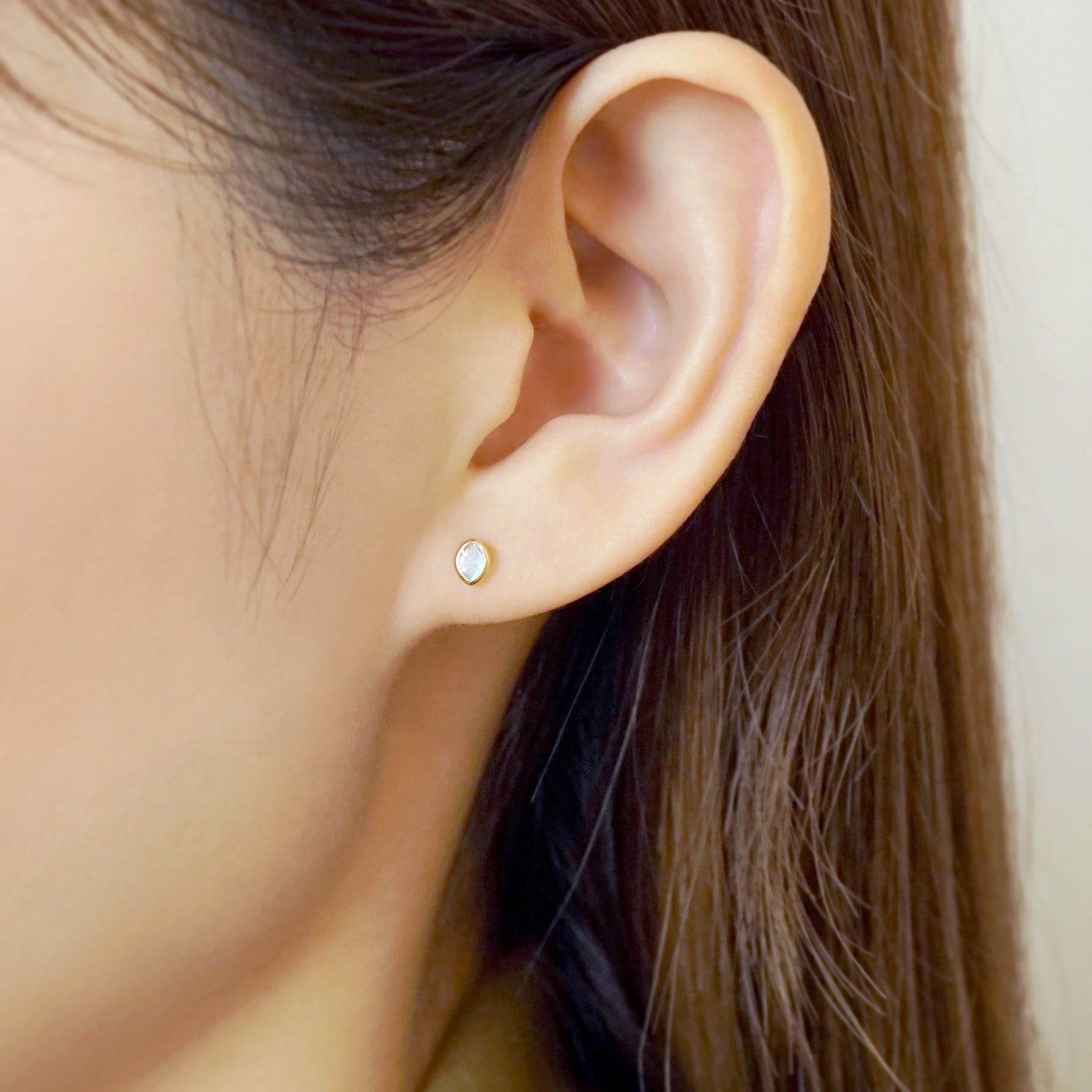 [Second Earrings] 18K Yellow Gold Blue Moonstone Earrings - Model Image