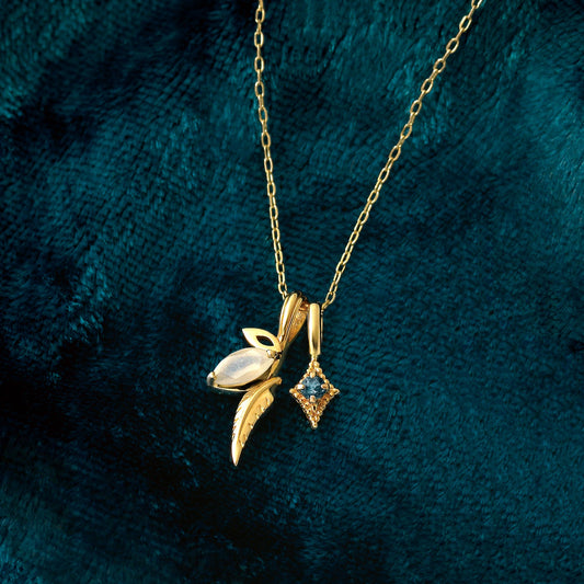 10K Moonstone x London Blue Topaz Necklace "Flutter" (Yellow Gold) - Product Image