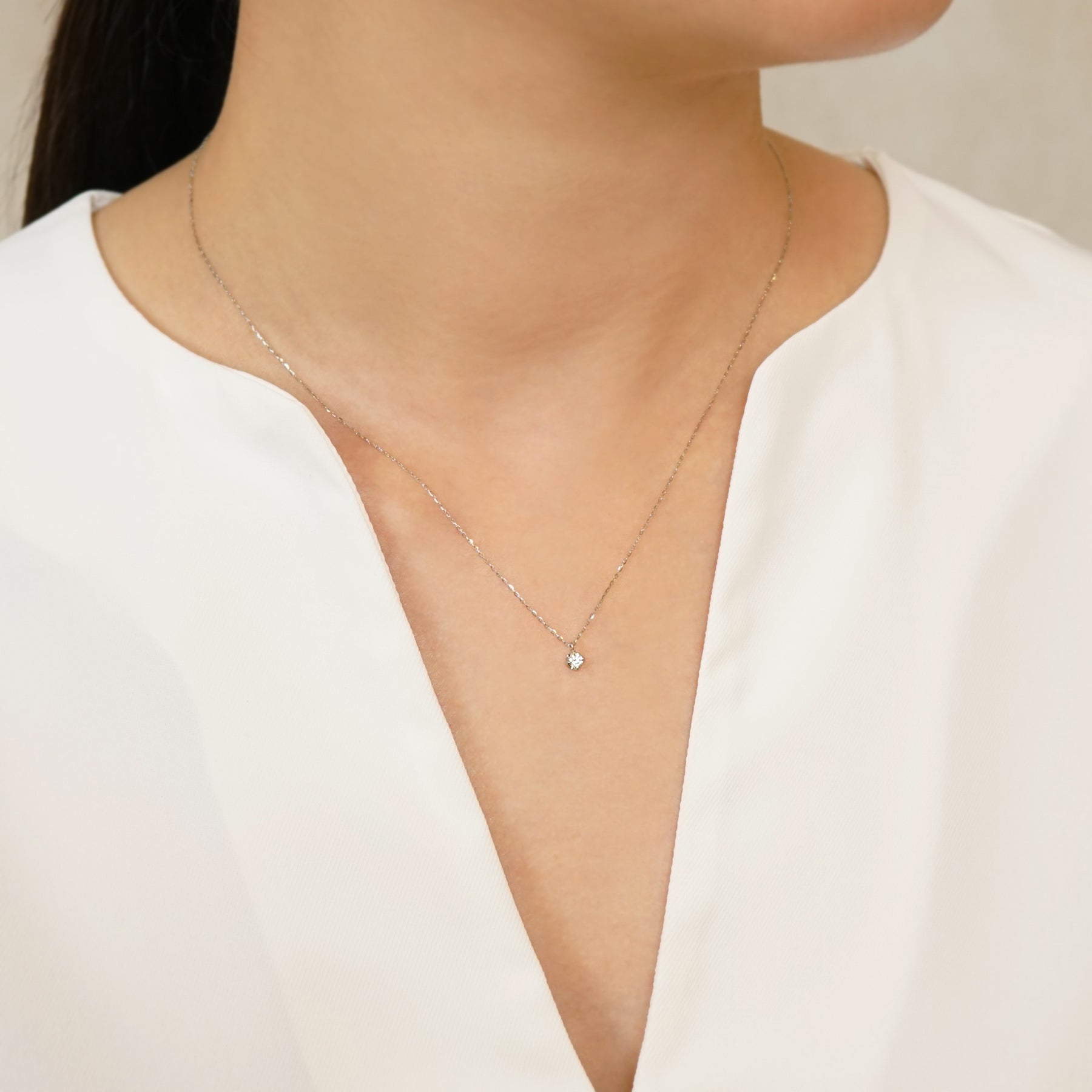 Platinum Diamond Solitaire Necklace - Model Image