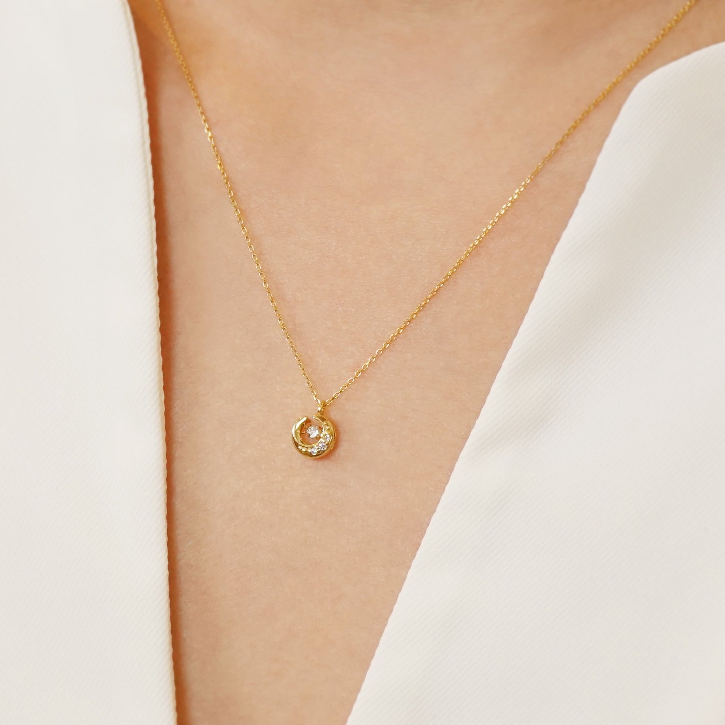 18K Yellow Gold Dancing Diamond Crescent Necklace - Model Image
