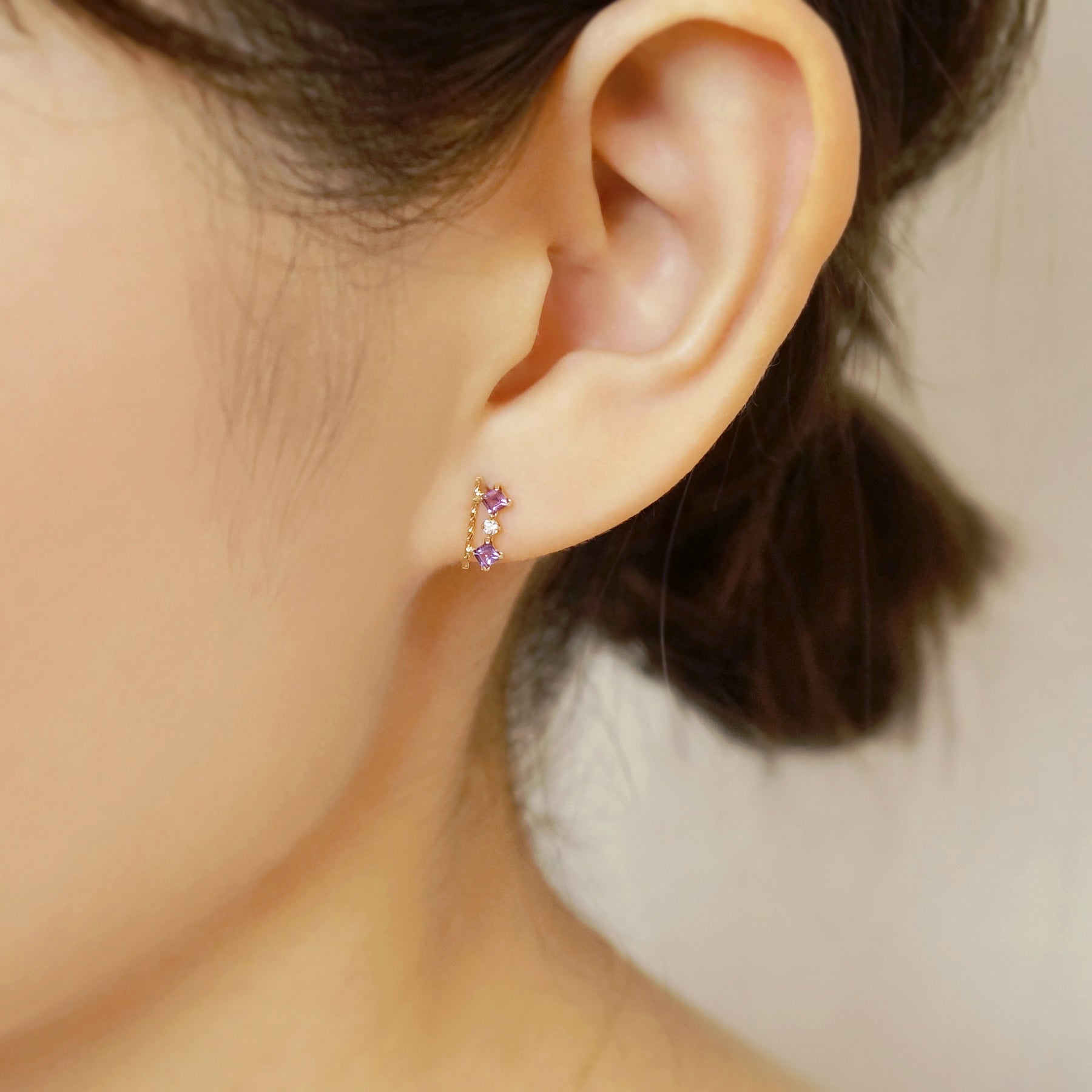 18K/10K Yellow Gold Rhodolite Garnet 3-Stone Bar Earrings - Model Image