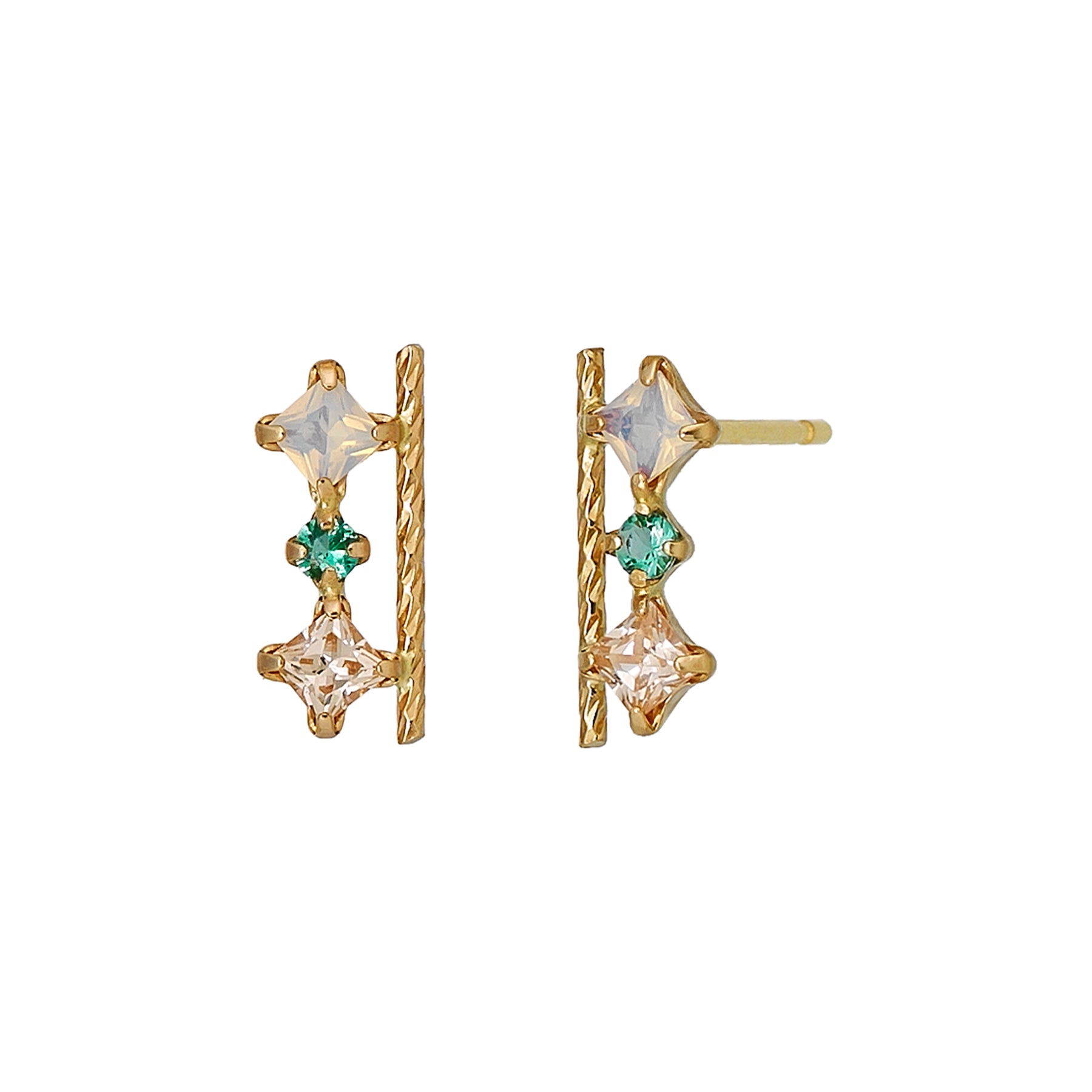 18K/10K Yellow Gold Emerald 3-Stone Bar Earrings - Product Image