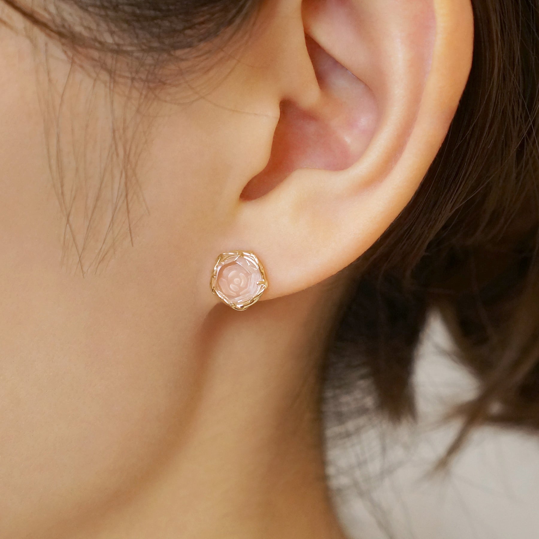 [GARDEN] 18K/10K Rose Quartz Grace Rose Earrings (Yellow Gold) - Model Image