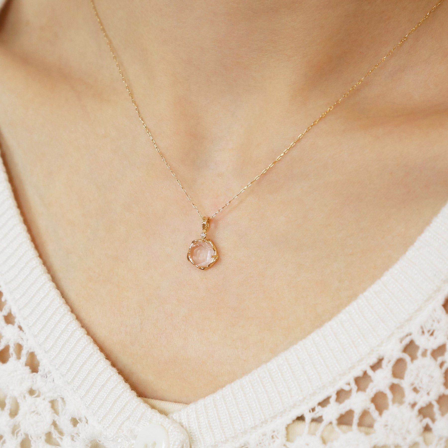 [GARDEN] 10K Rose Quartz Grace Rose Necklace Charm (Yellow Gold) - Model Image