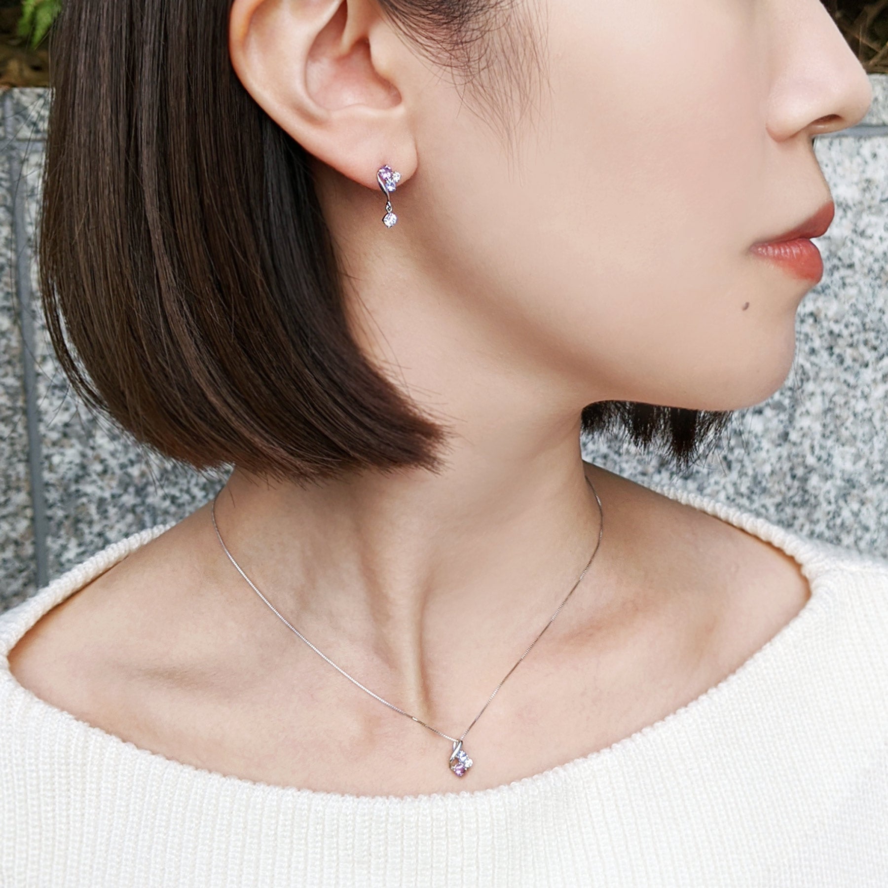 18K / 10K White Gold Colored Stone Swinging Earrings - Model Image