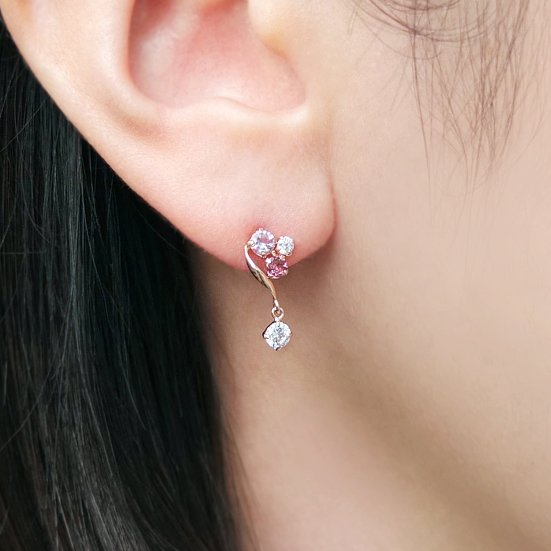 18K/10K Rose Gold Swaying Color Stone Earrings - Model Image