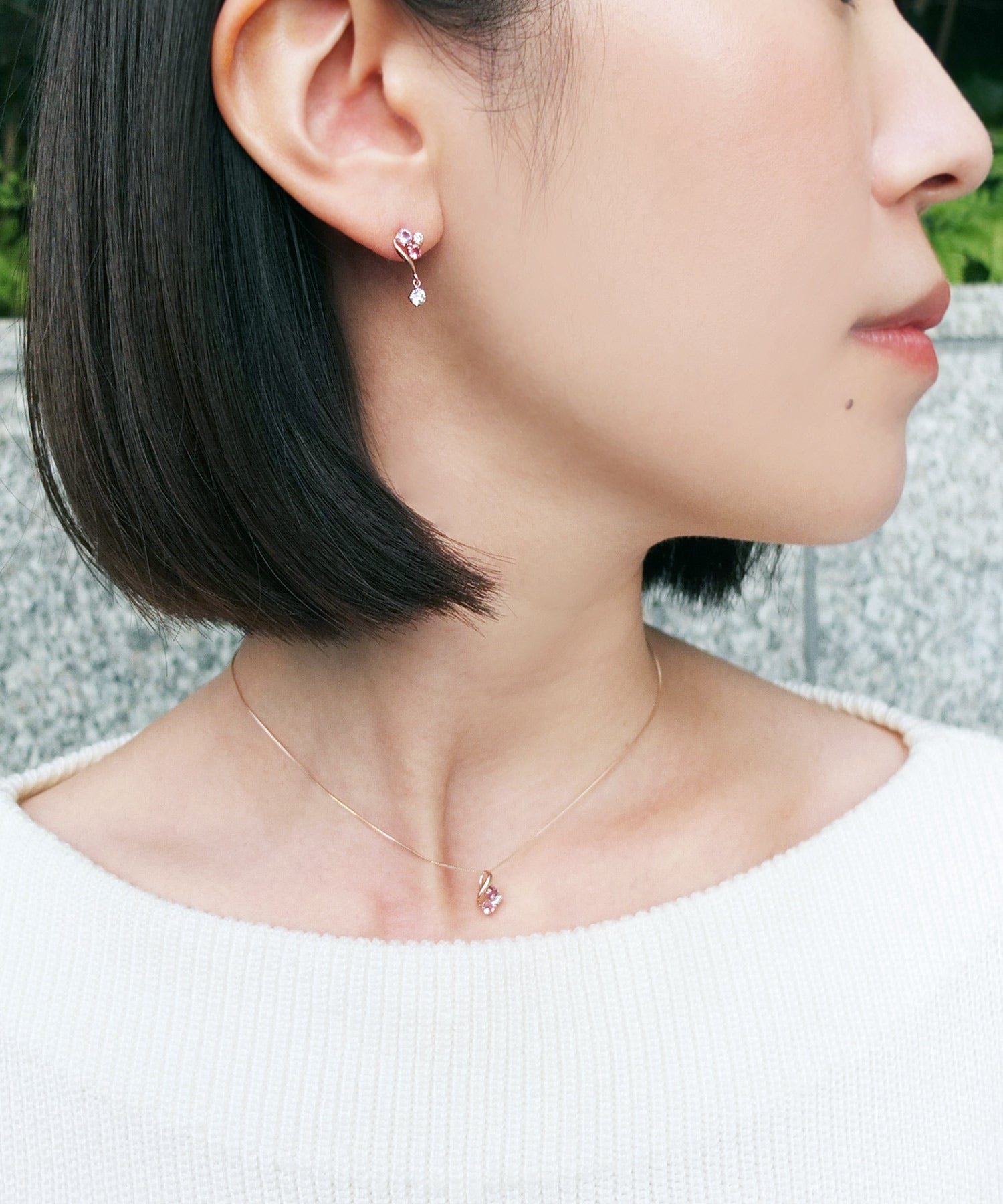 18K/10K Rose Gold Swaying Color Stone Earrings - Model Image