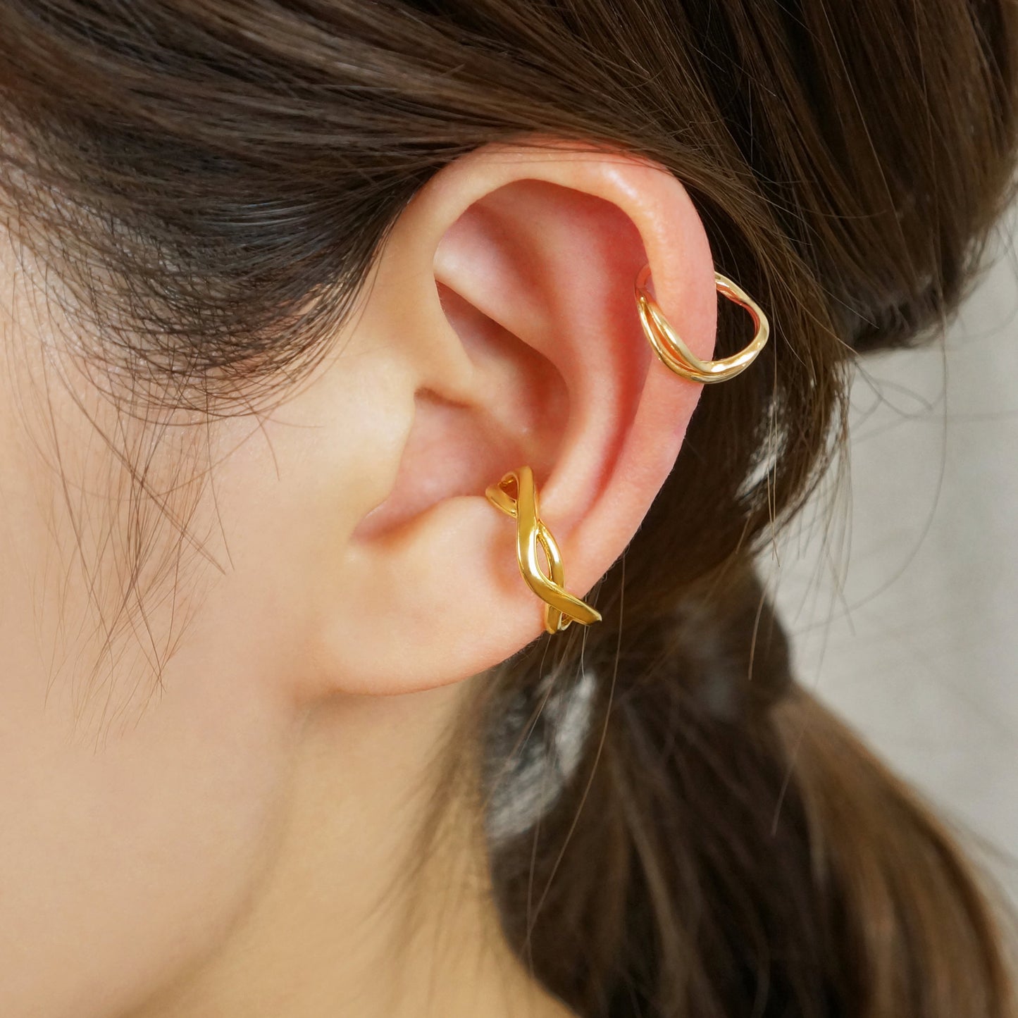 10K Gold / 925 Sterling Silver Wave Ear Cuff Set - Model Image