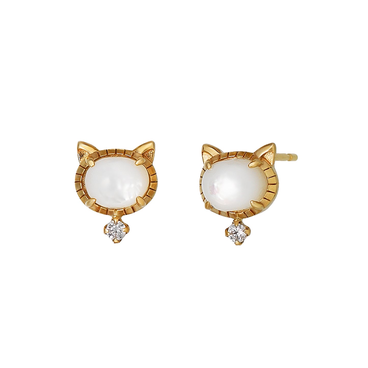 18K/10K Yellow Gold White Shell Cat Stud Earrings - Product Image