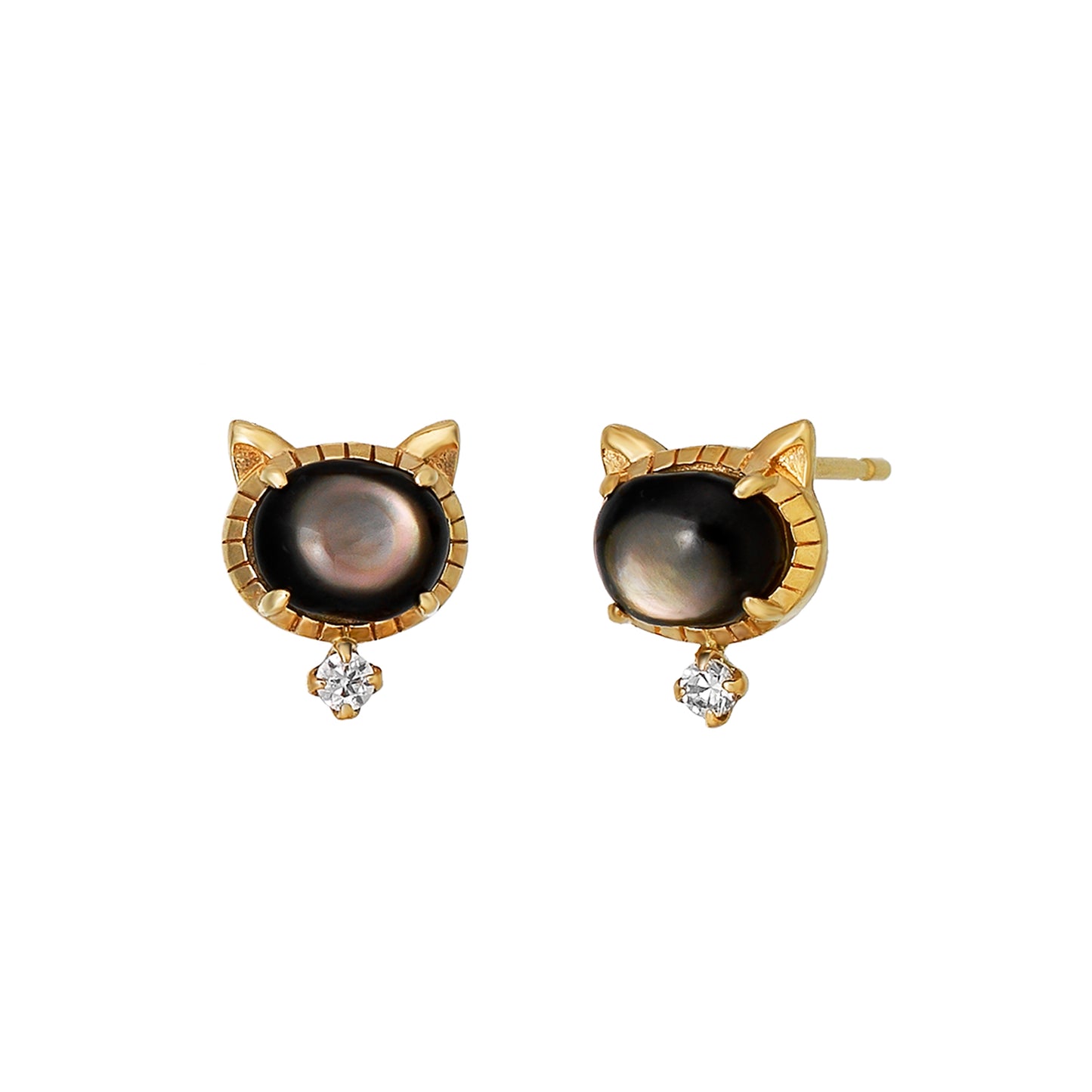 18K/10K Yellow Gold Black Shell Cat Stud Earrings - Product Image