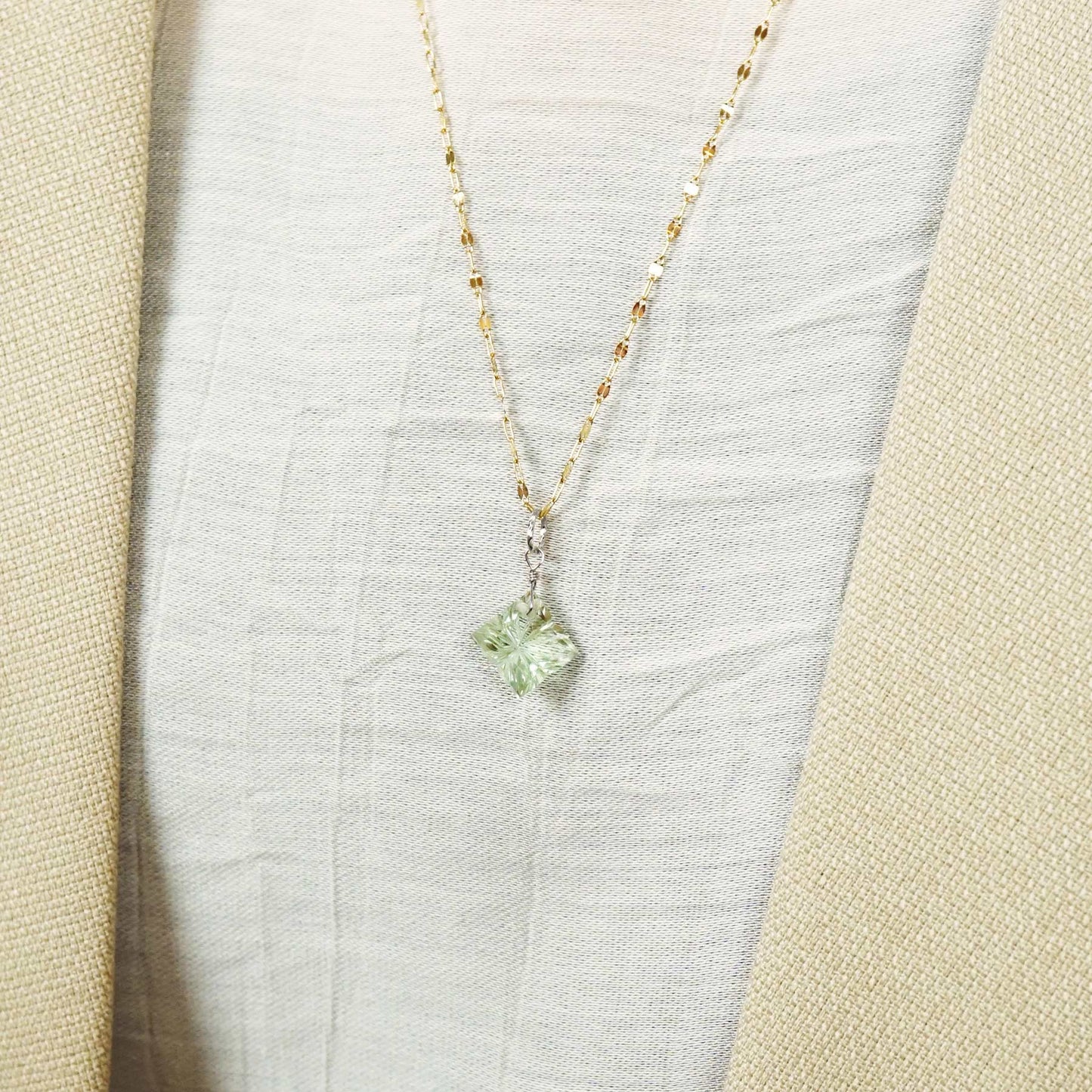 10K Green Quartz Necklace Charm (White Gold) - Model Image